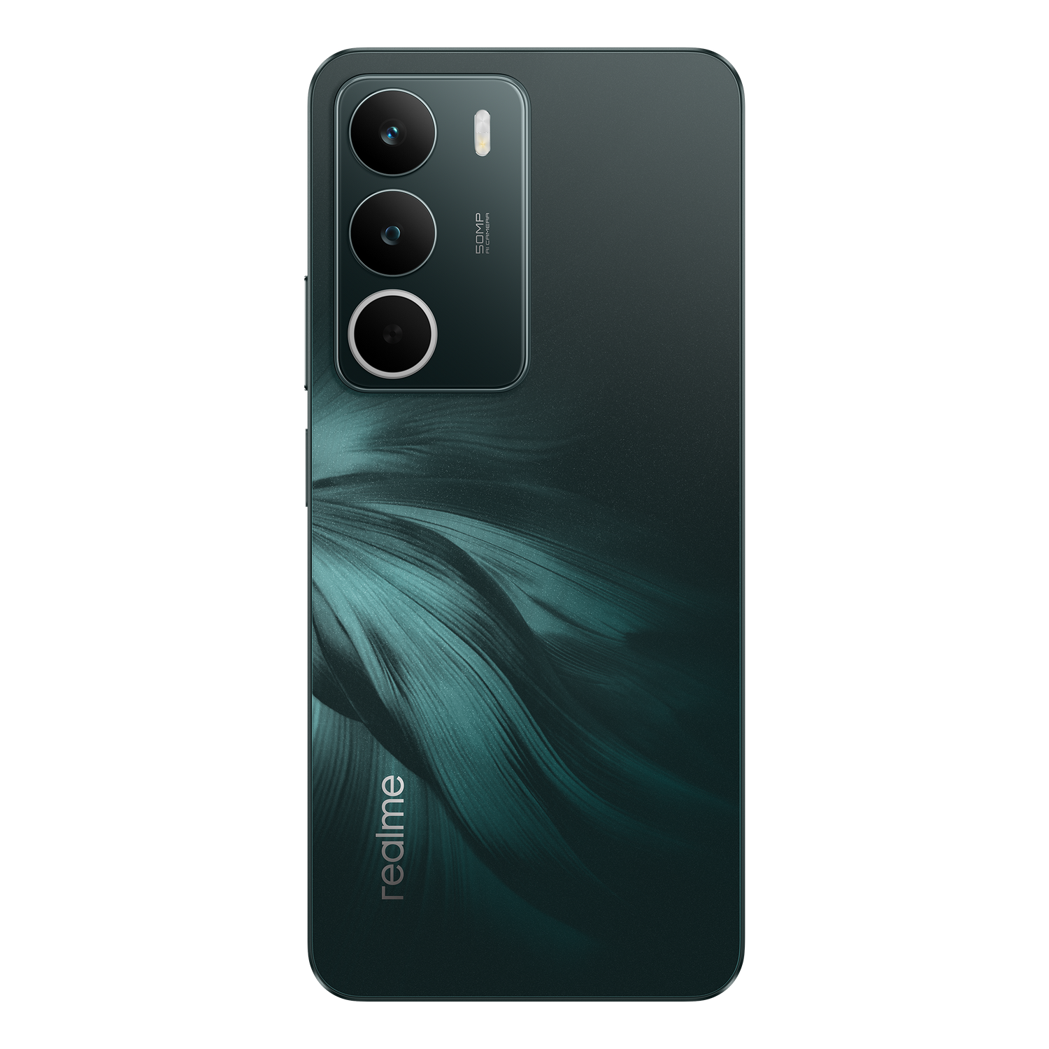 Teléfono inteligente verde oscuro con cámara triple y logo de Realme.