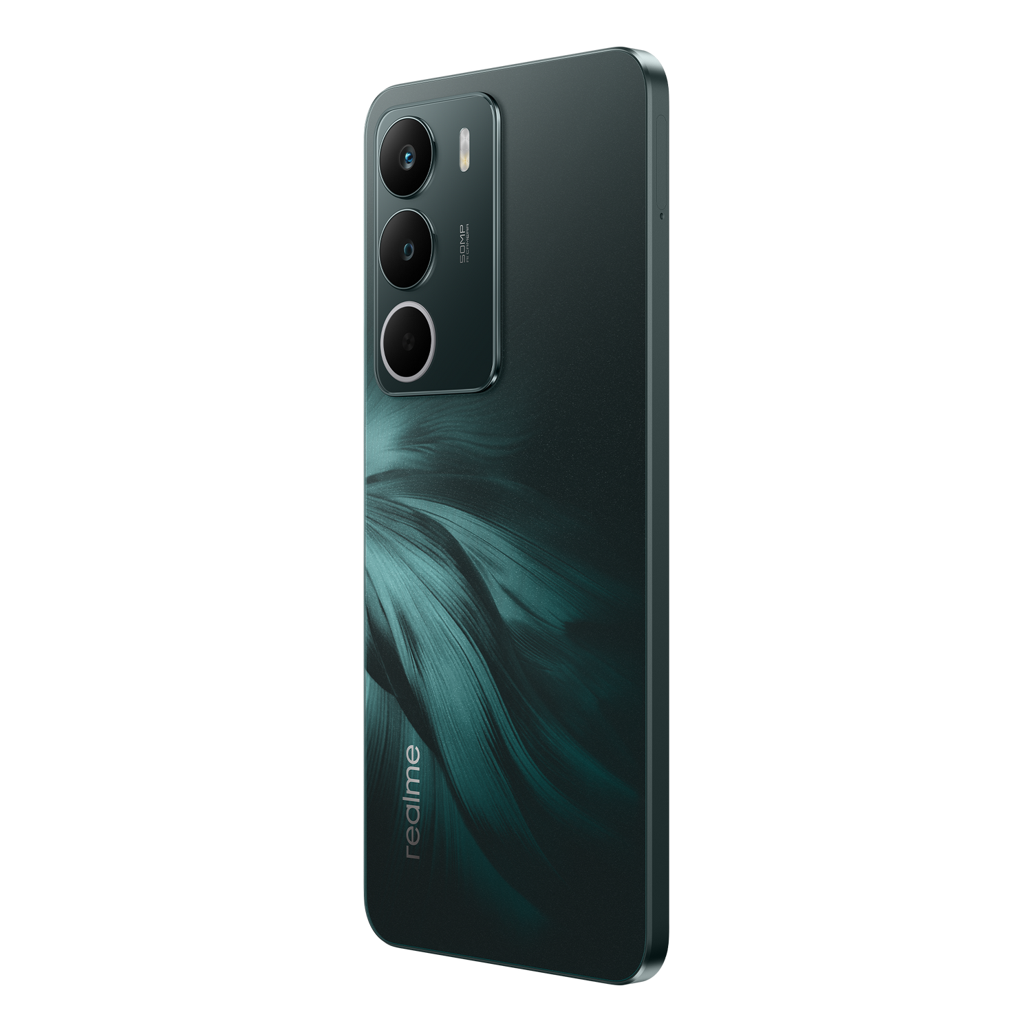 Un smartphone verde oscuro con tres cámaras y logo de Realme sobre fondo negro.