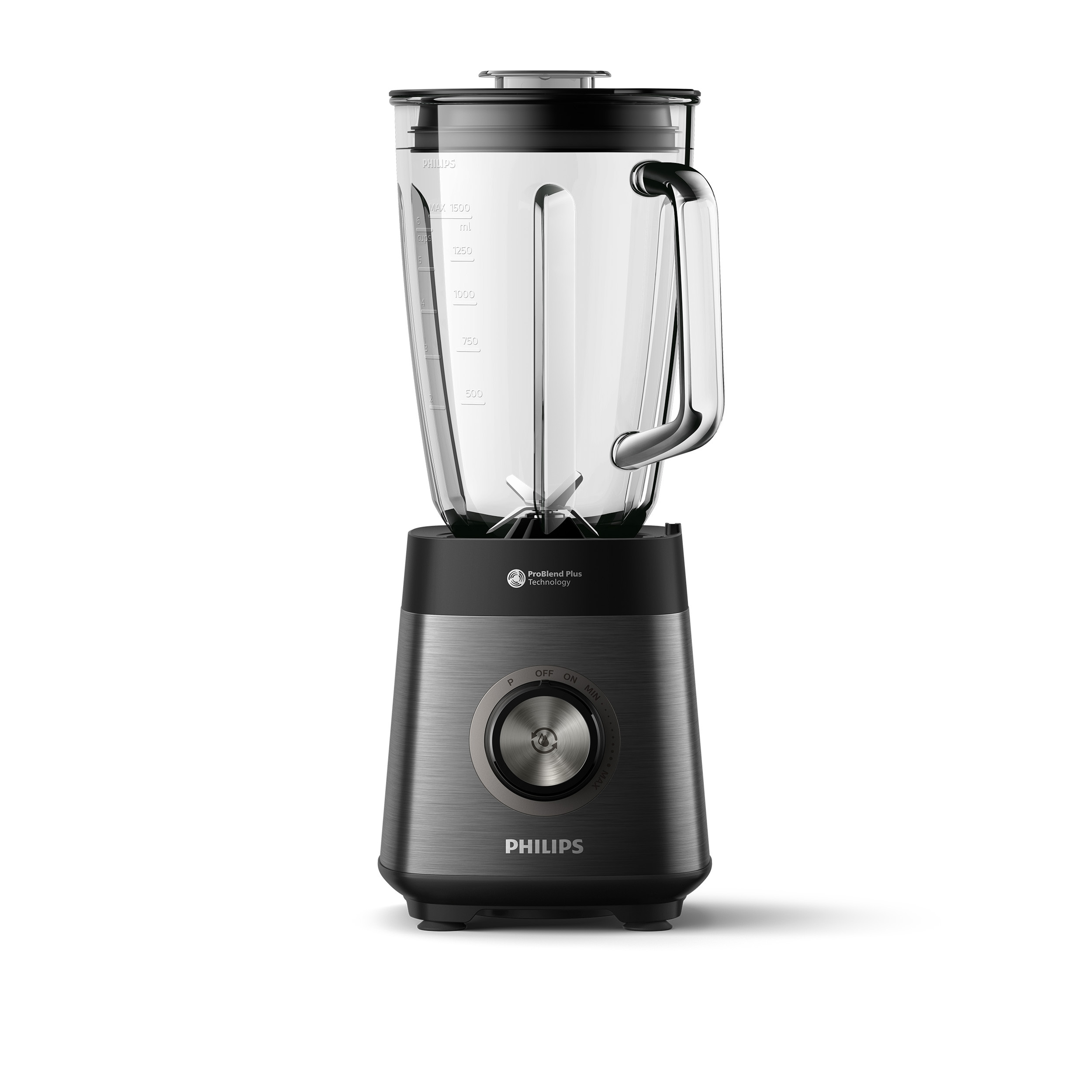 Ein schwarzer Philips Standmixer mit Glasbehälter und Metallsockel.