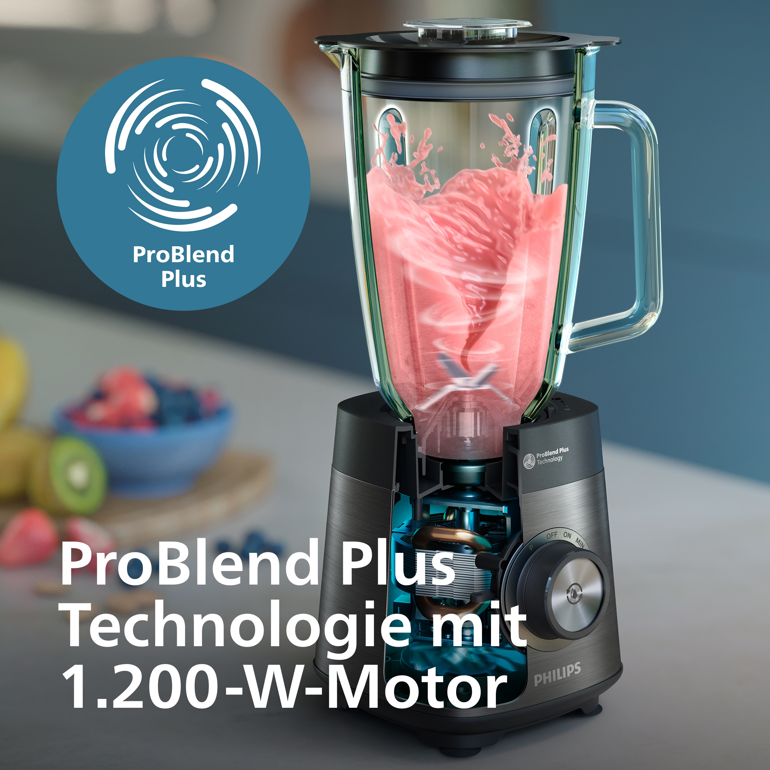 Ein durchgeschnittener Mixer mit rosa Flüssigkeit. ProBlend Plus Technologie.