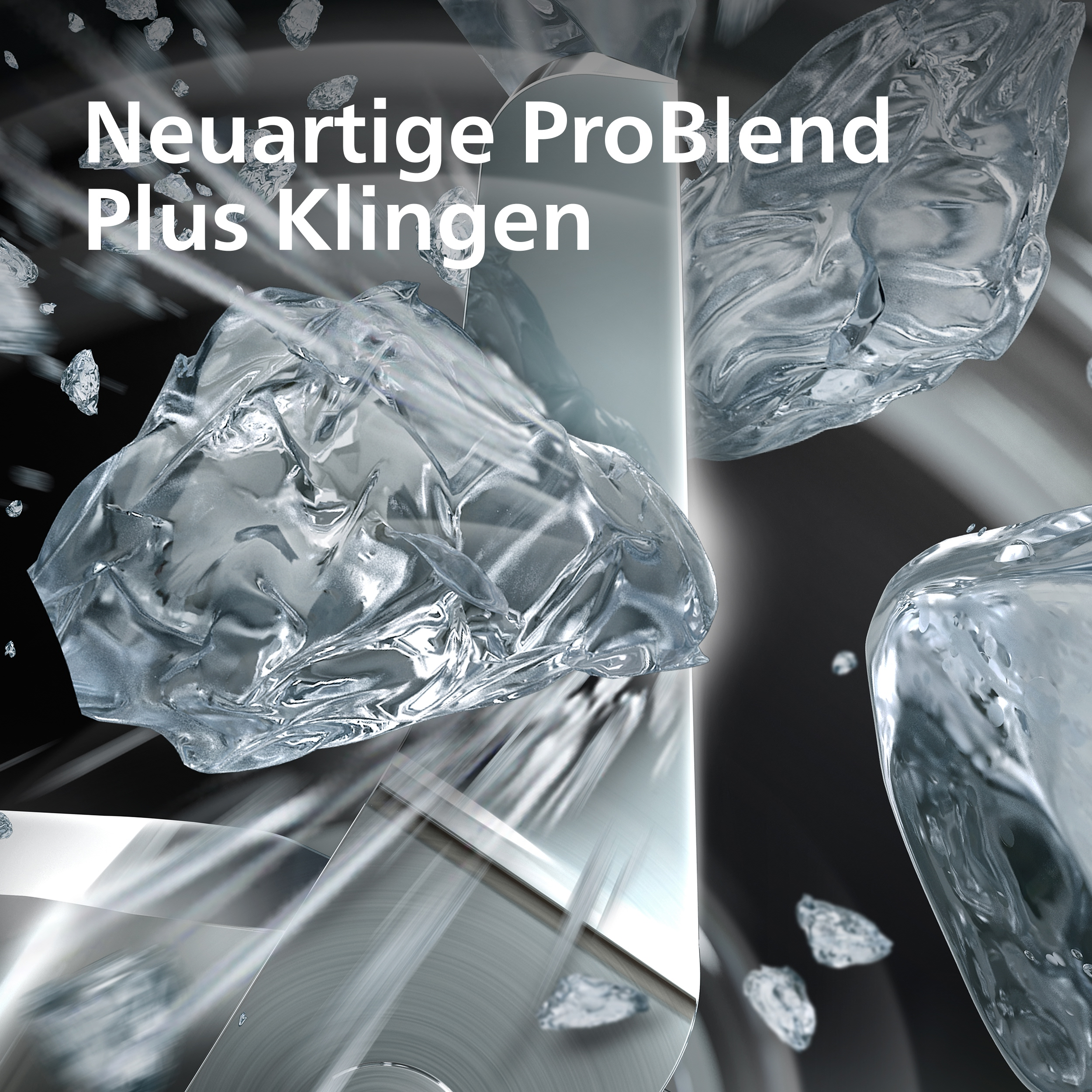 Eissplitter und Text 'Neuartige ProBlend Plus Klingen' auf reflektierender Metalloberfläche.