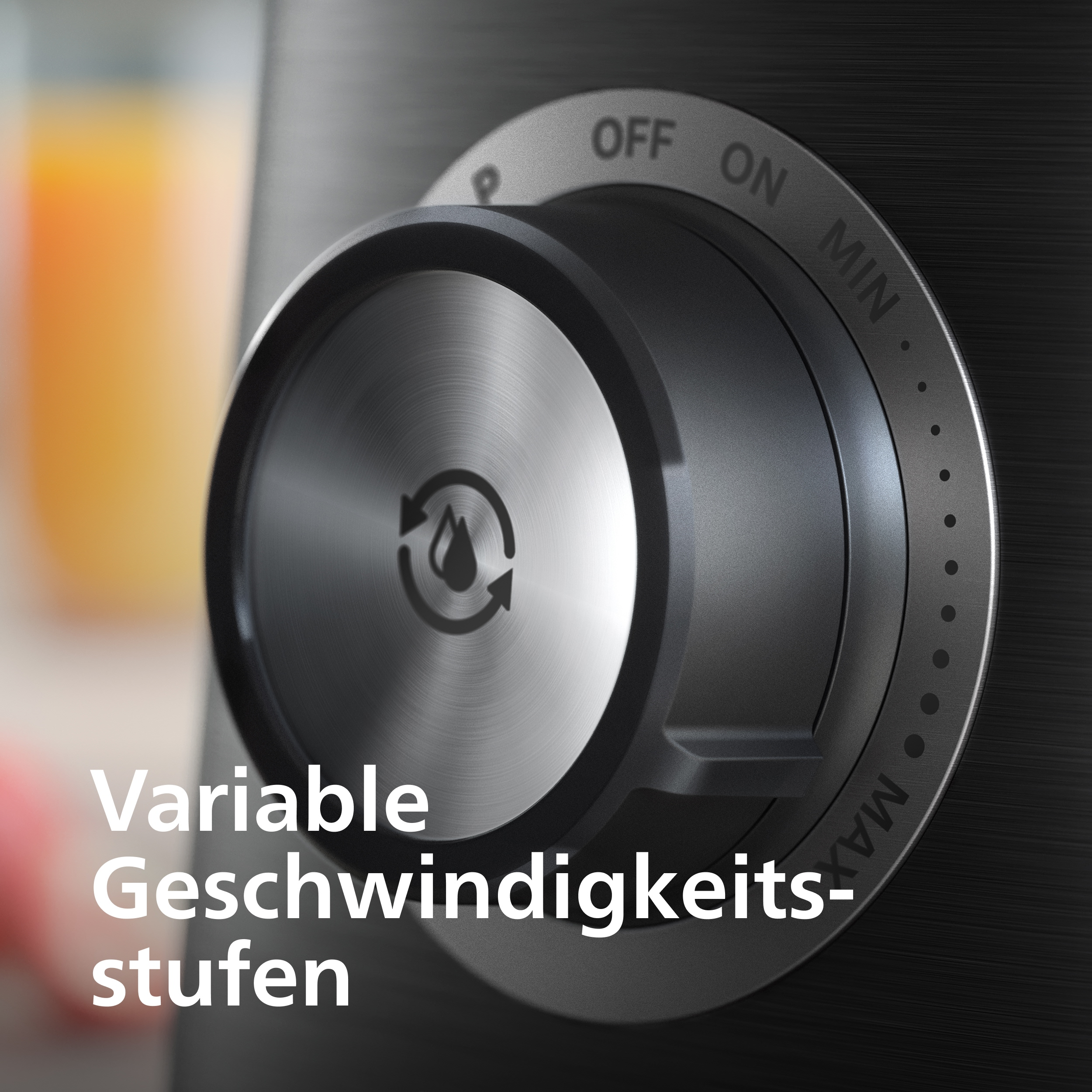 Ein Drehknopf mit Min/Max-Einstellungen und ein Tropfensymbol.