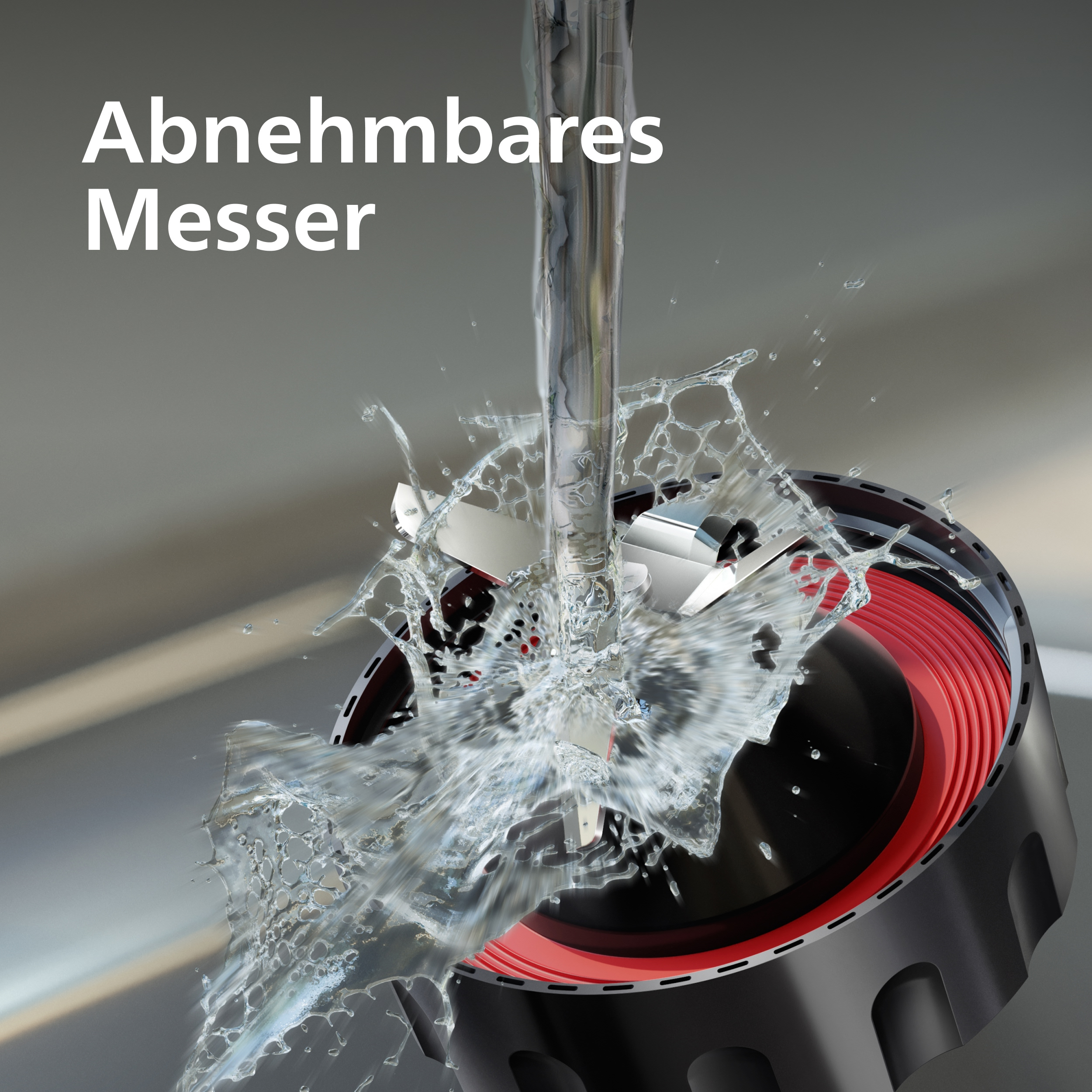 Ein abnehmbares Messer wird unter fließendem Wasser gezeigt.