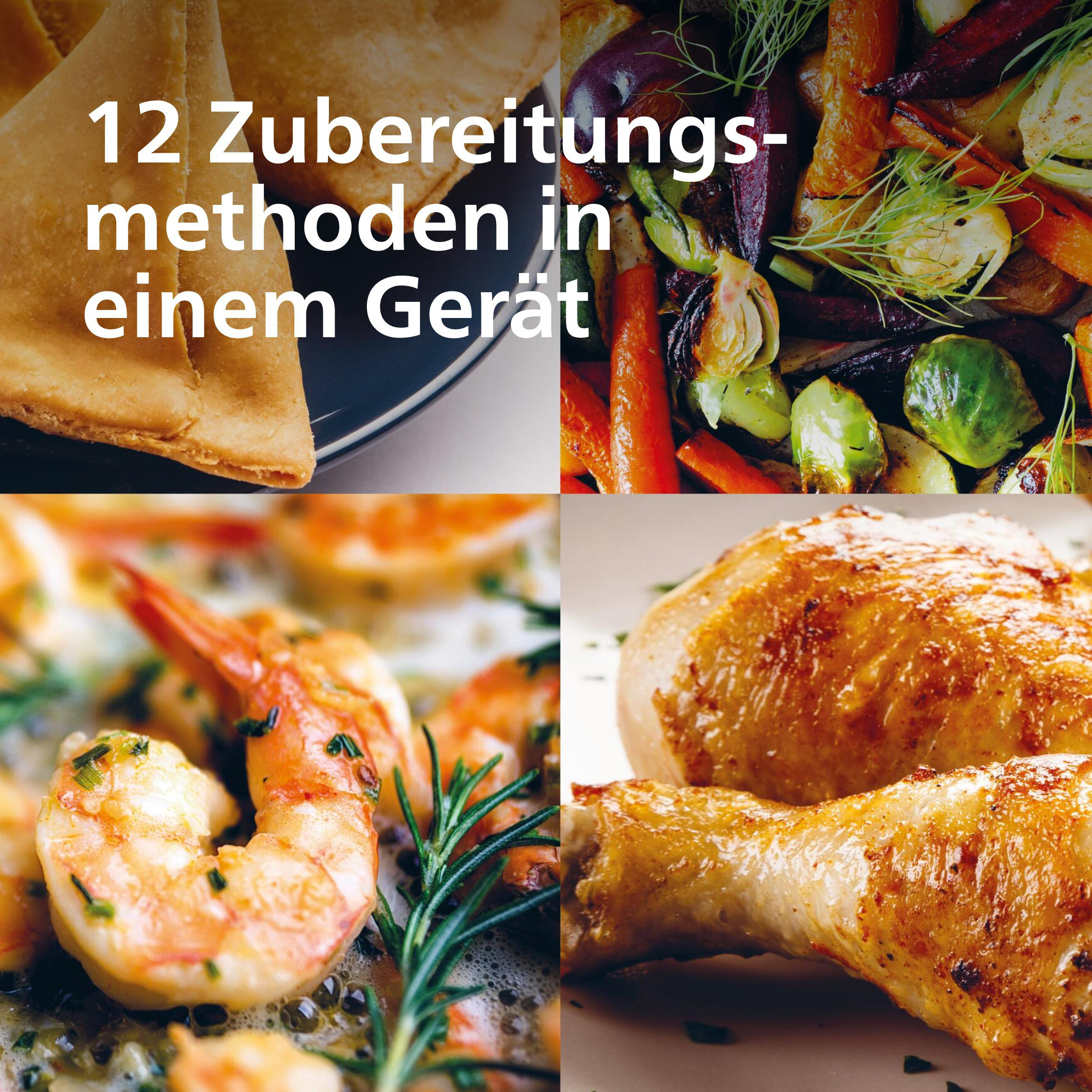 Vier Collagen von Gerichten: Gebackenes Hähnchen, Garnelen, Gemüse und Teig.