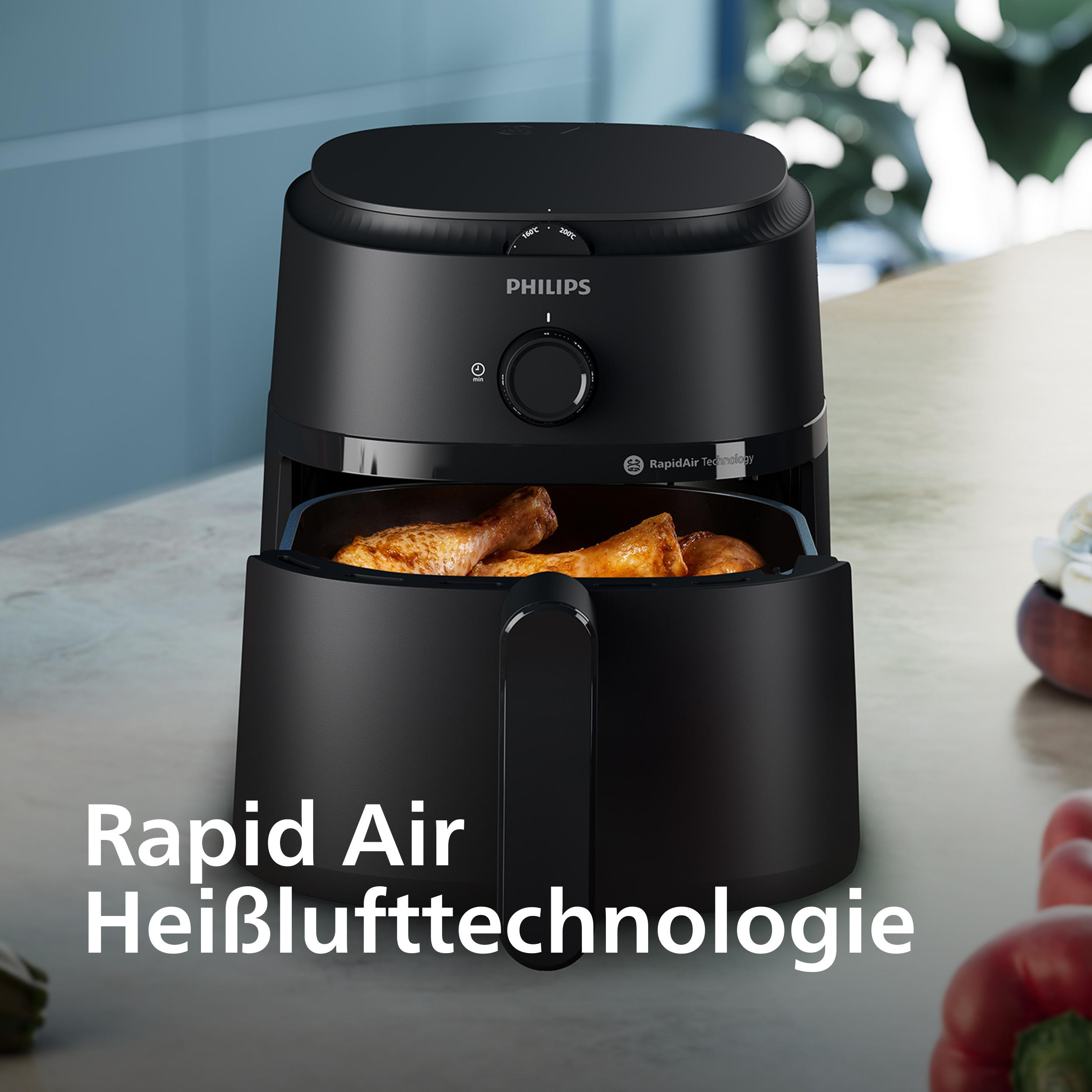 Schwarze Heißluftfritteuse mit Hähnchenschenkeln und Philips-Logo.
