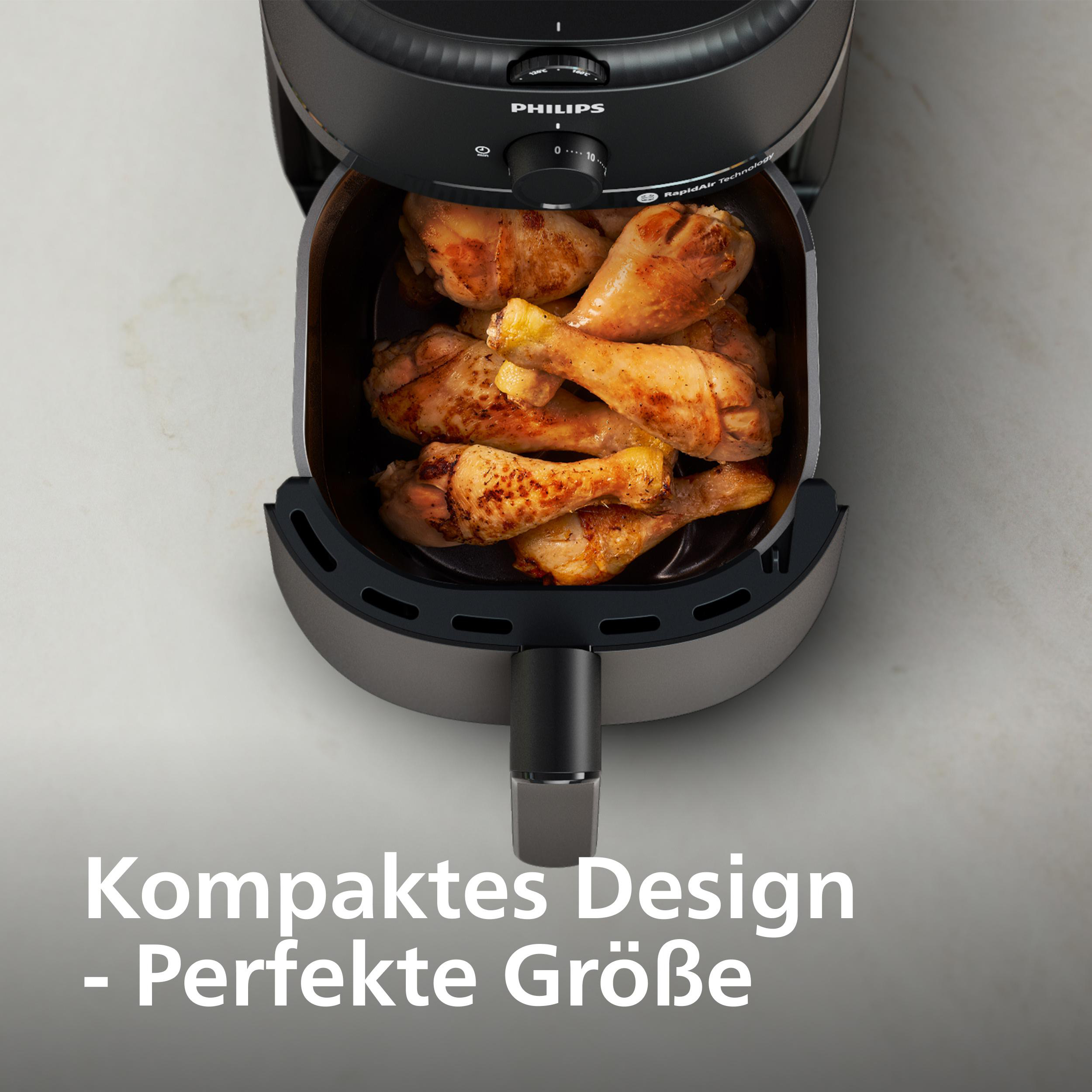 Ein schwarzer Philips Heißluftfritteuse mit gebratenen Hähnchenschenkeln.