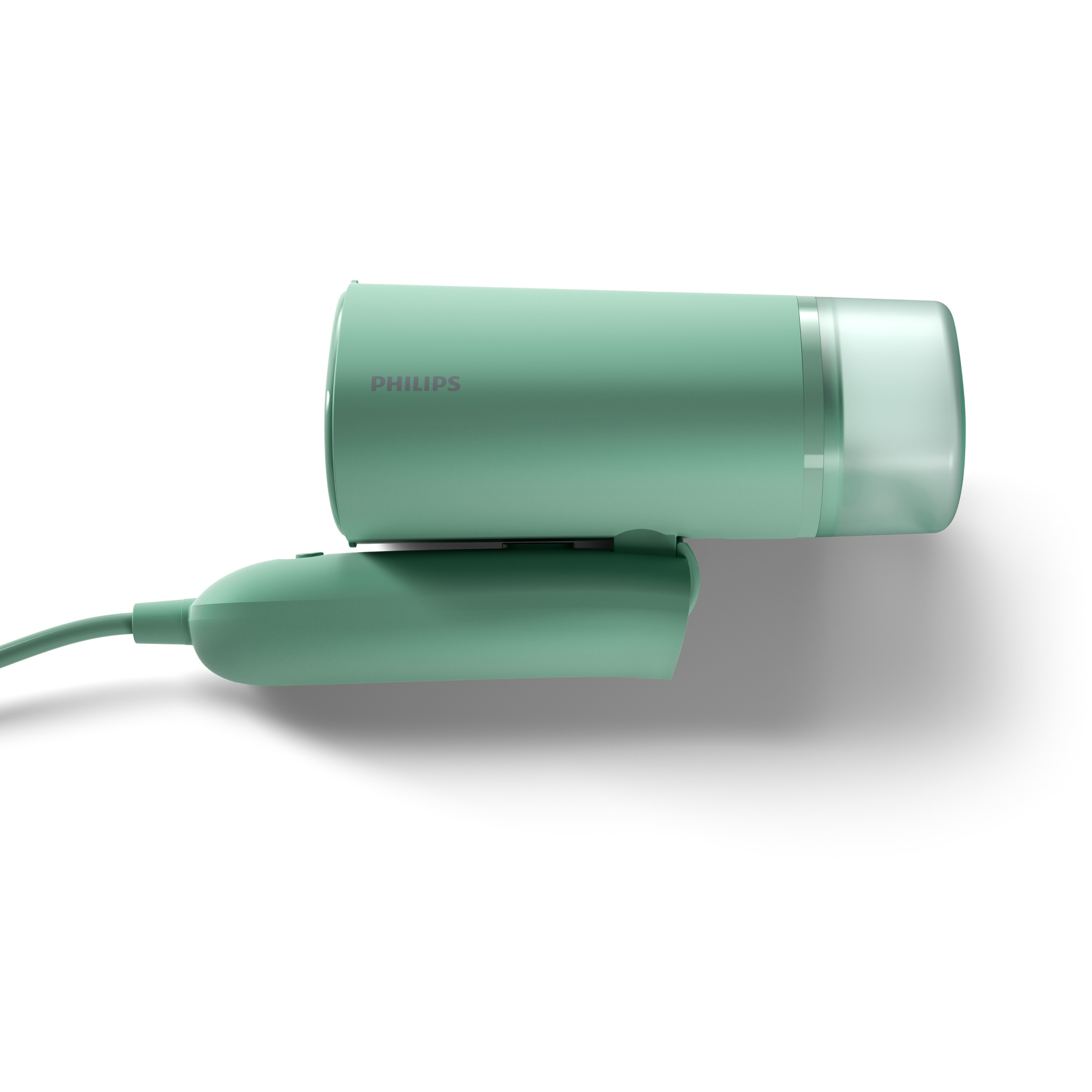 Ein türkisfarbener Philips Haartrockner mit Kabel liegt auf weißem Grund.