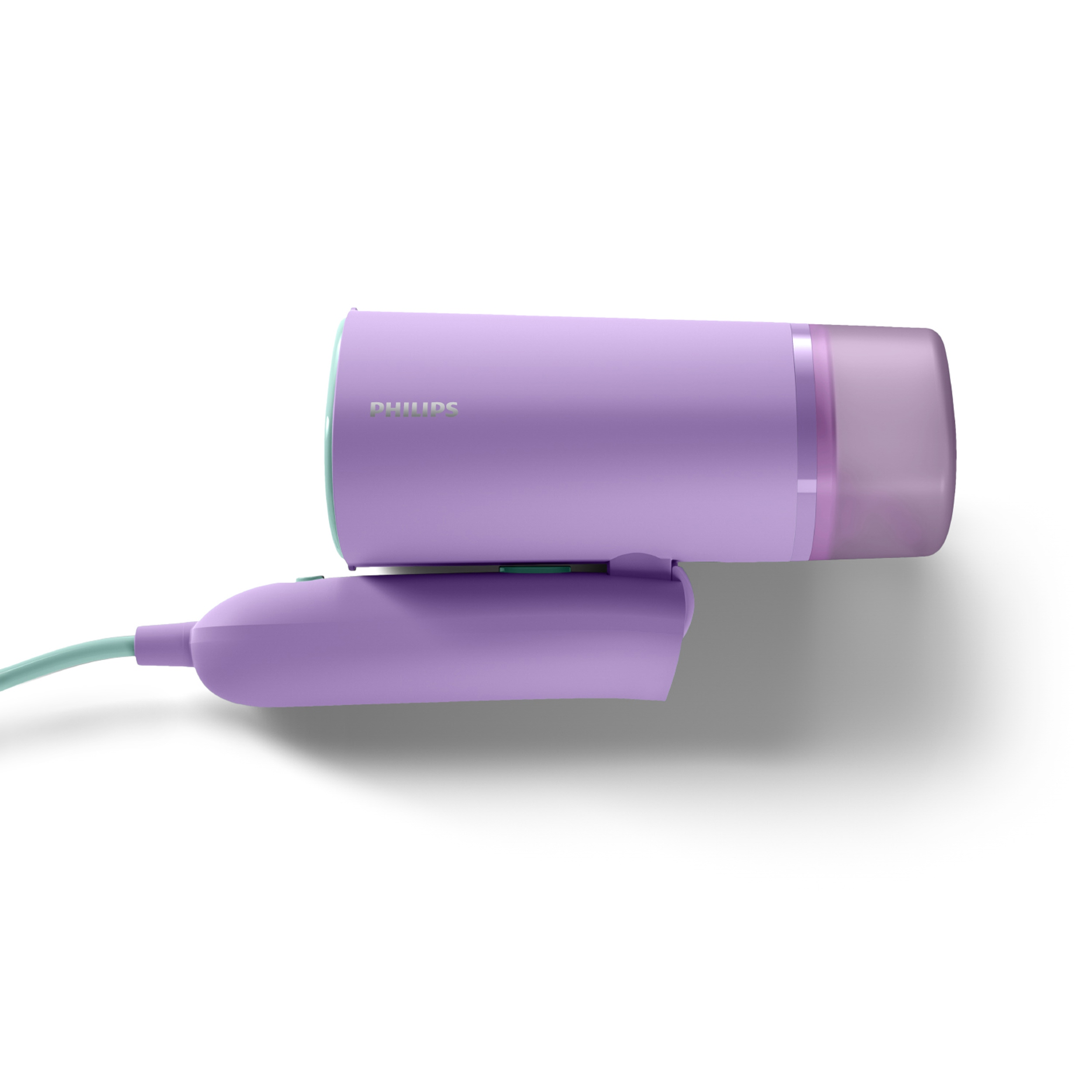 Ein violetter Philips Haartrockner mit Kabel und Schattierung.