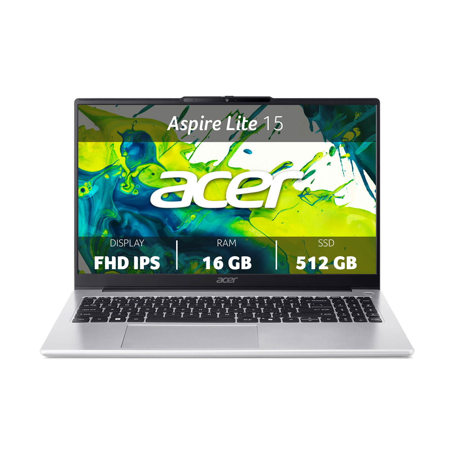 Laptop Acer Aspire Lite 15 argento con display FHD IPS, 16GB RAM, 512GB SSD.