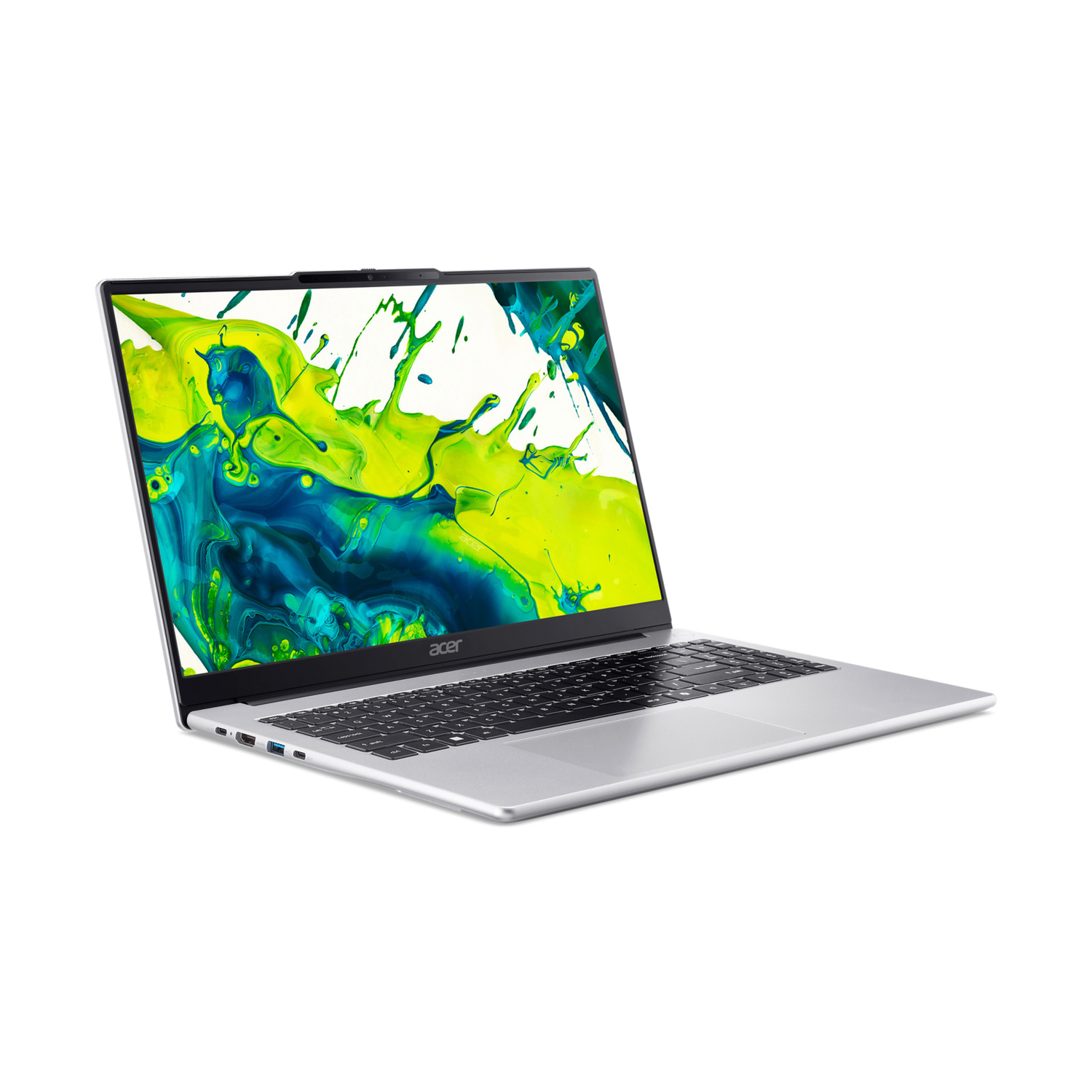 Un laptop Acer argentato con schermo astratto colorato, su sfondo bianco.