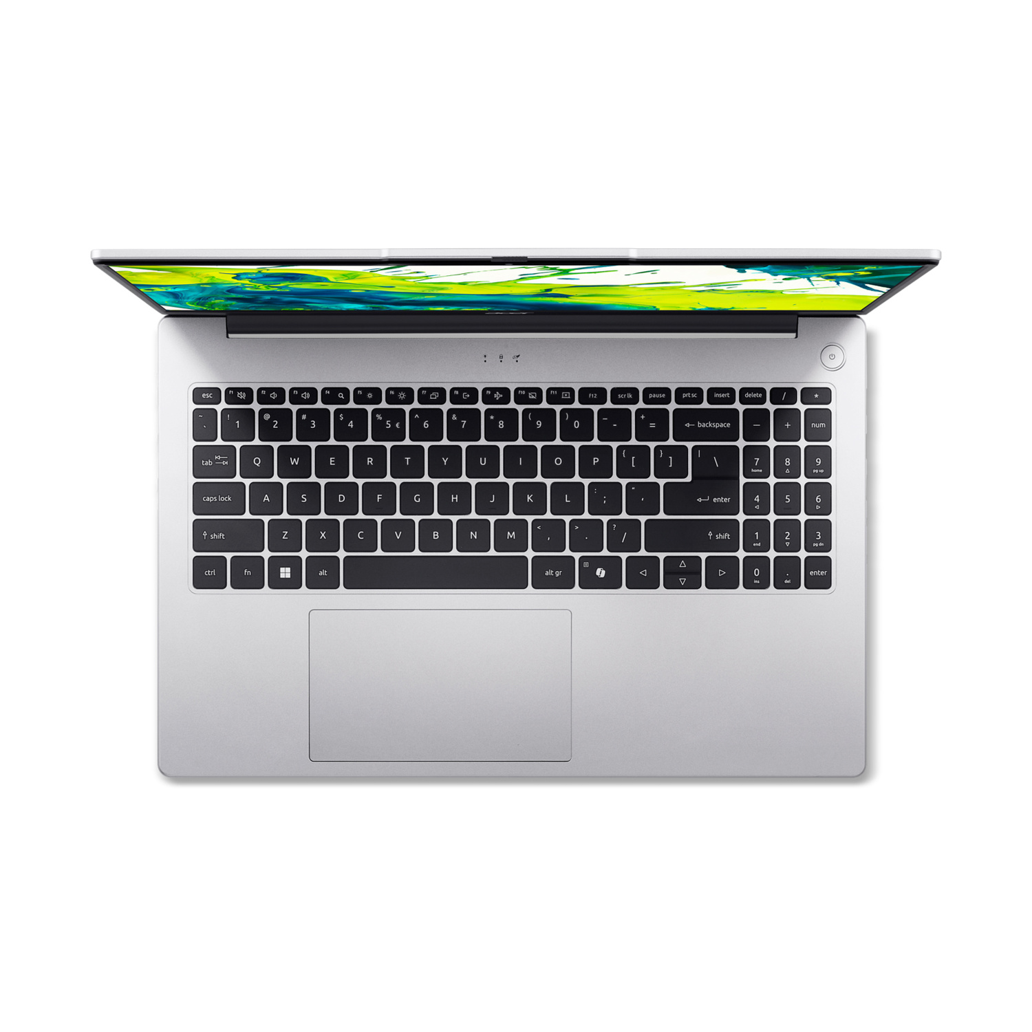 Un laptop argentato aperto che mostra la tastiera e uno schermo con motivo giallo-verde.