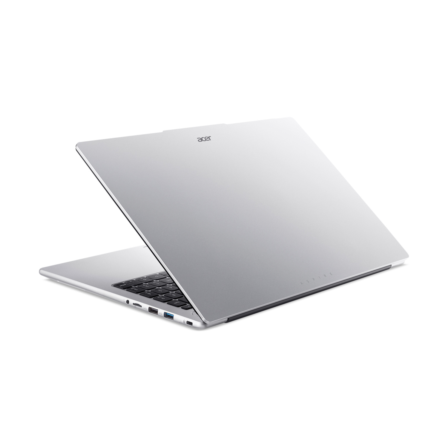 Un laptop Acer argentato con schermo aperto, che mostra la tastiera, su sfondo bianco.