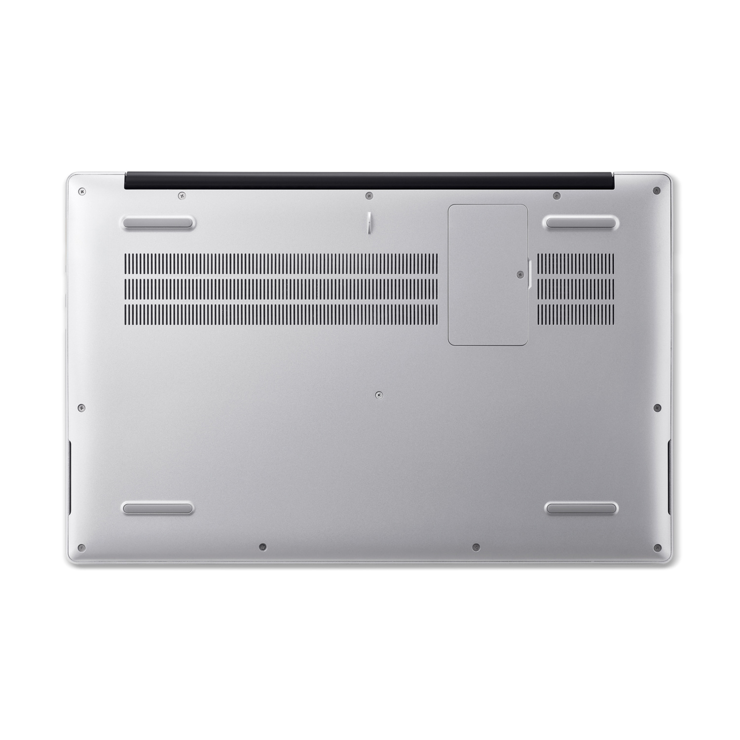 Parte inferiore di un laptop argentato con prese d'aria e coperchio.