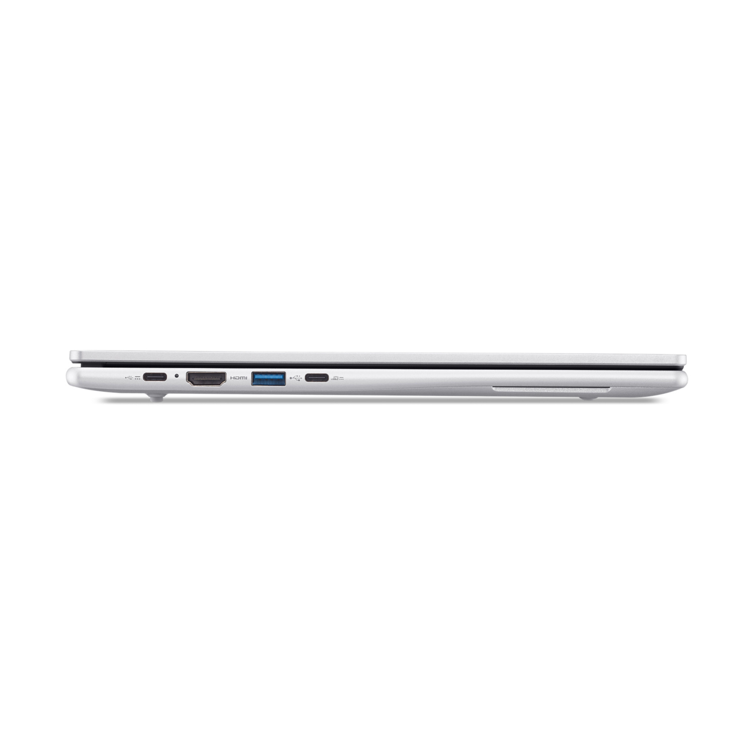 Vista laterale del laptop argento che mostra le porte: USB-C, HDMI, USB-A e USB-C.