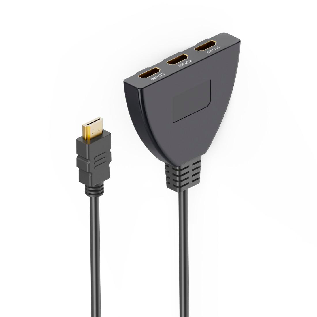 Schwarzer HDMI-Splitter mit drei Eingängen und einem Kabel mit vergoldetem Stecker.