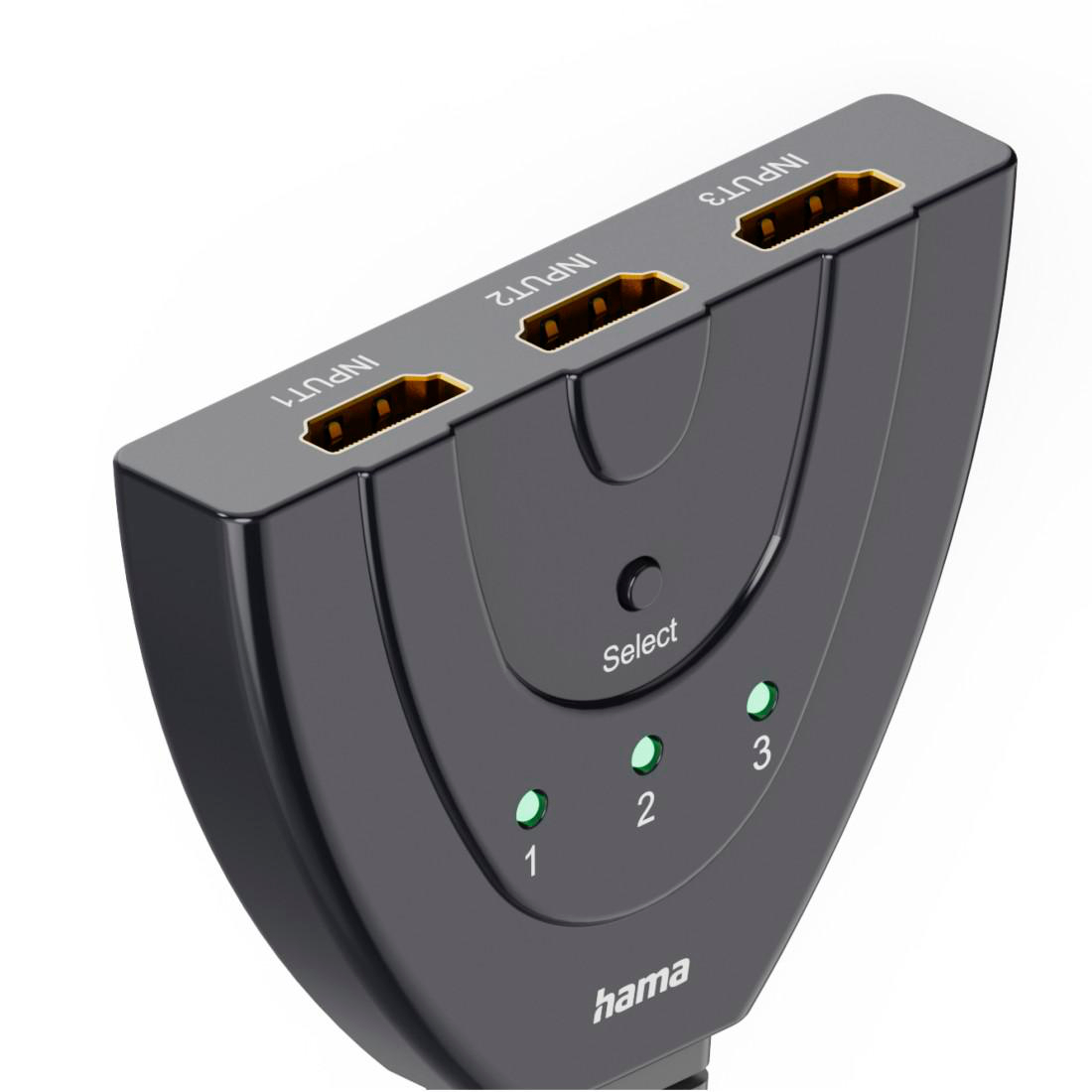 Schwarzer Hama HDMI-Umschalter mit 3 Eingängen und 3 grünen Leuchten.