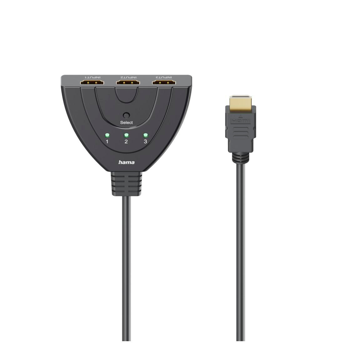 Schwarzer HDMI-Umschalter mit drei Eingängen und einem Ausgangskabel.