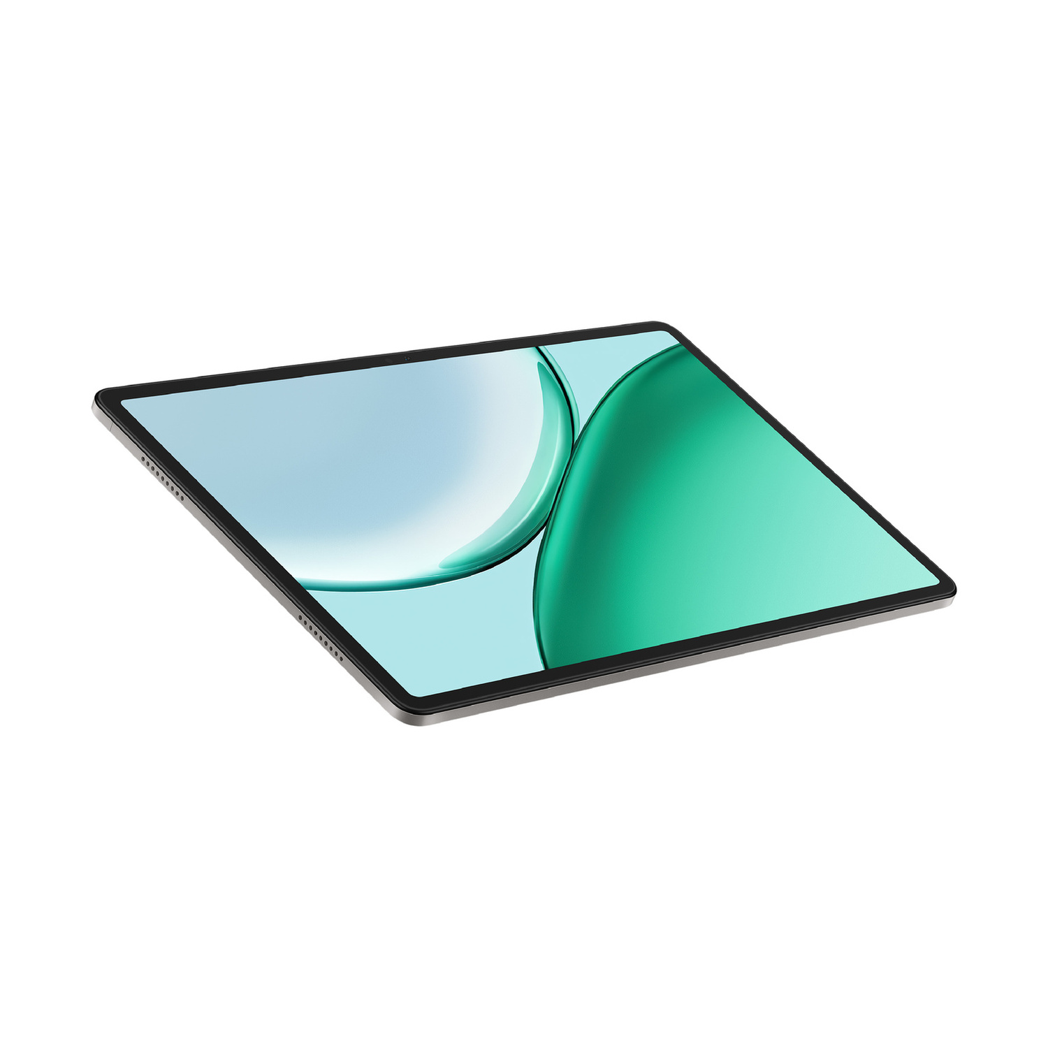 Un tablet argentato con cornice nera mostra una sfumatura di azzurro e verde.