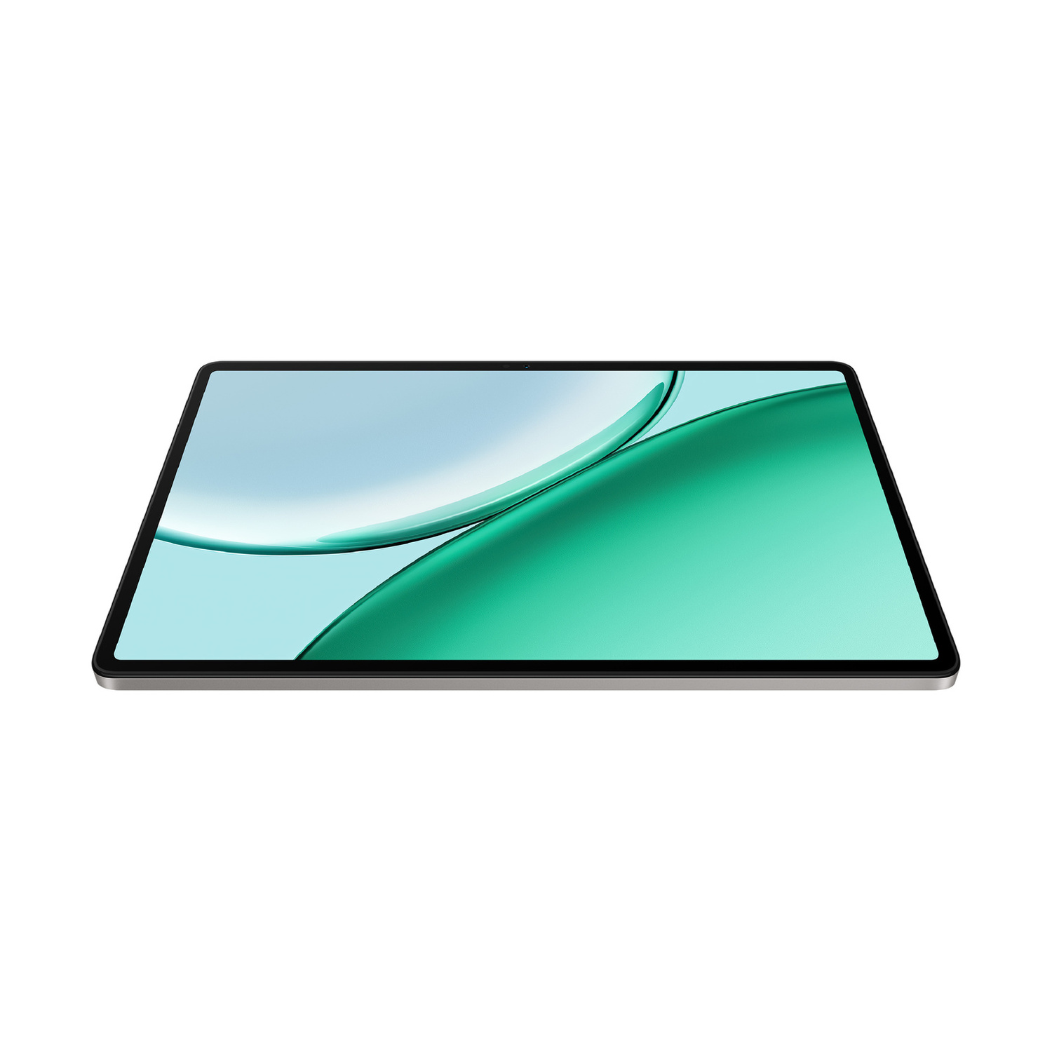 Un tablet argentato con uno sfondo acquamarina e onde verdi.