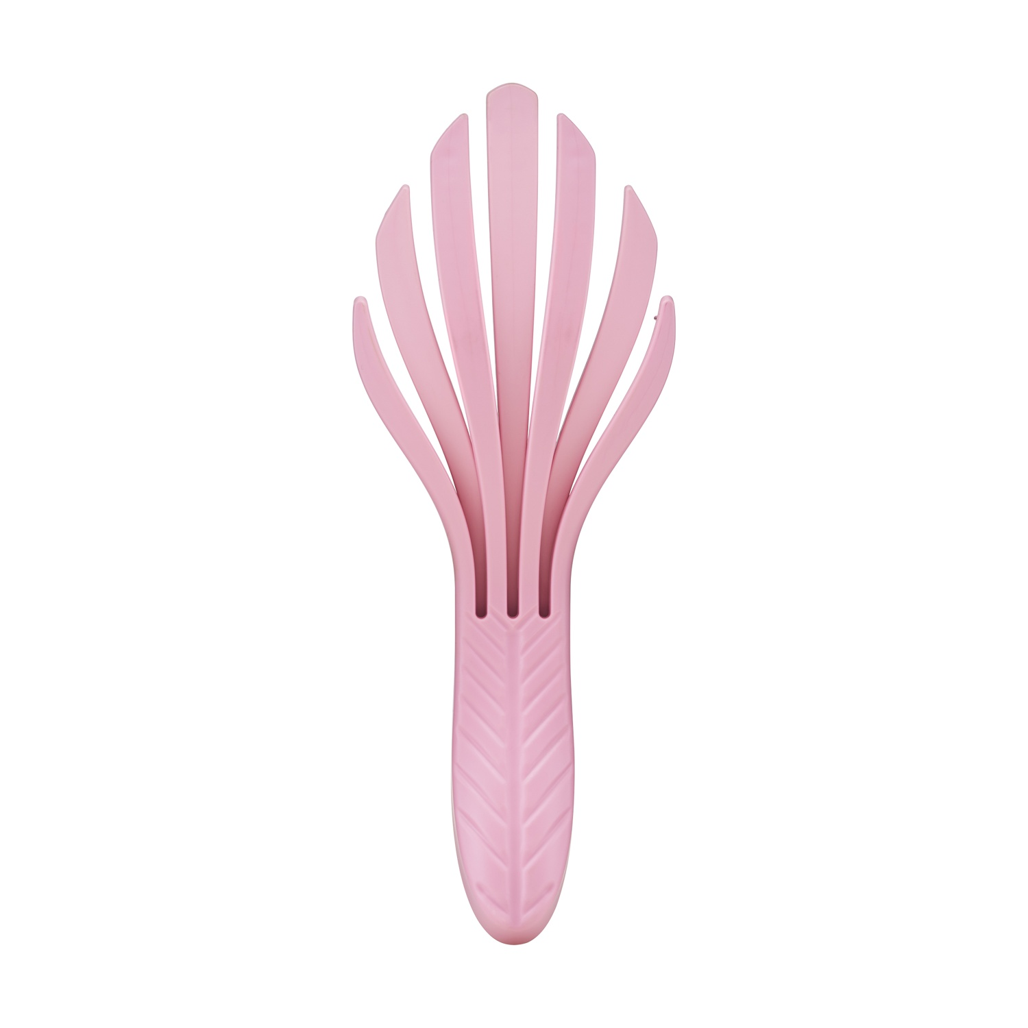 Un tagliaverdure rosa a forma di ventaglio con motivo a foglie sul manico.