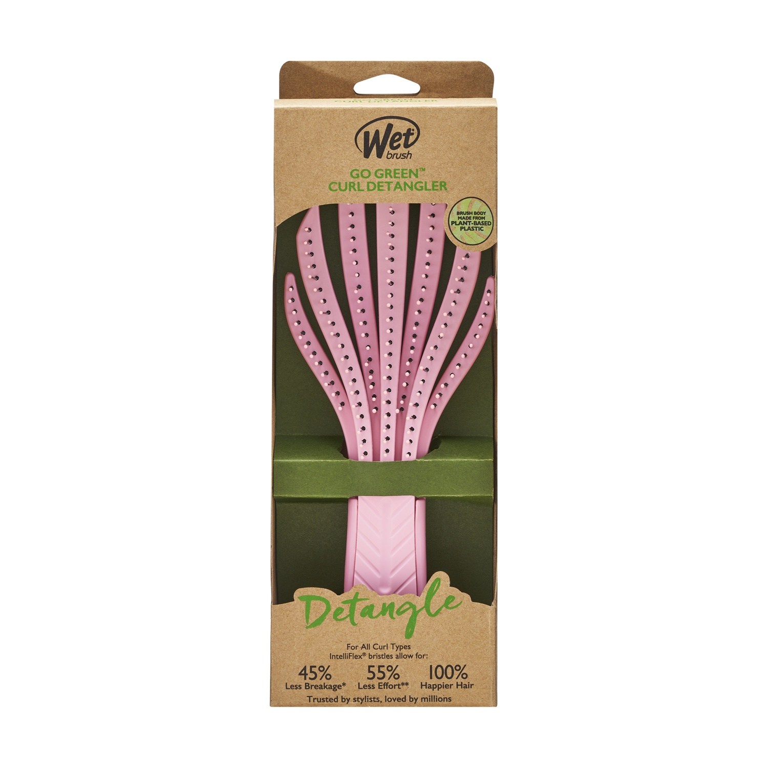 Una spazzola rosa per capelli con setole verdi in confezione di cartone.