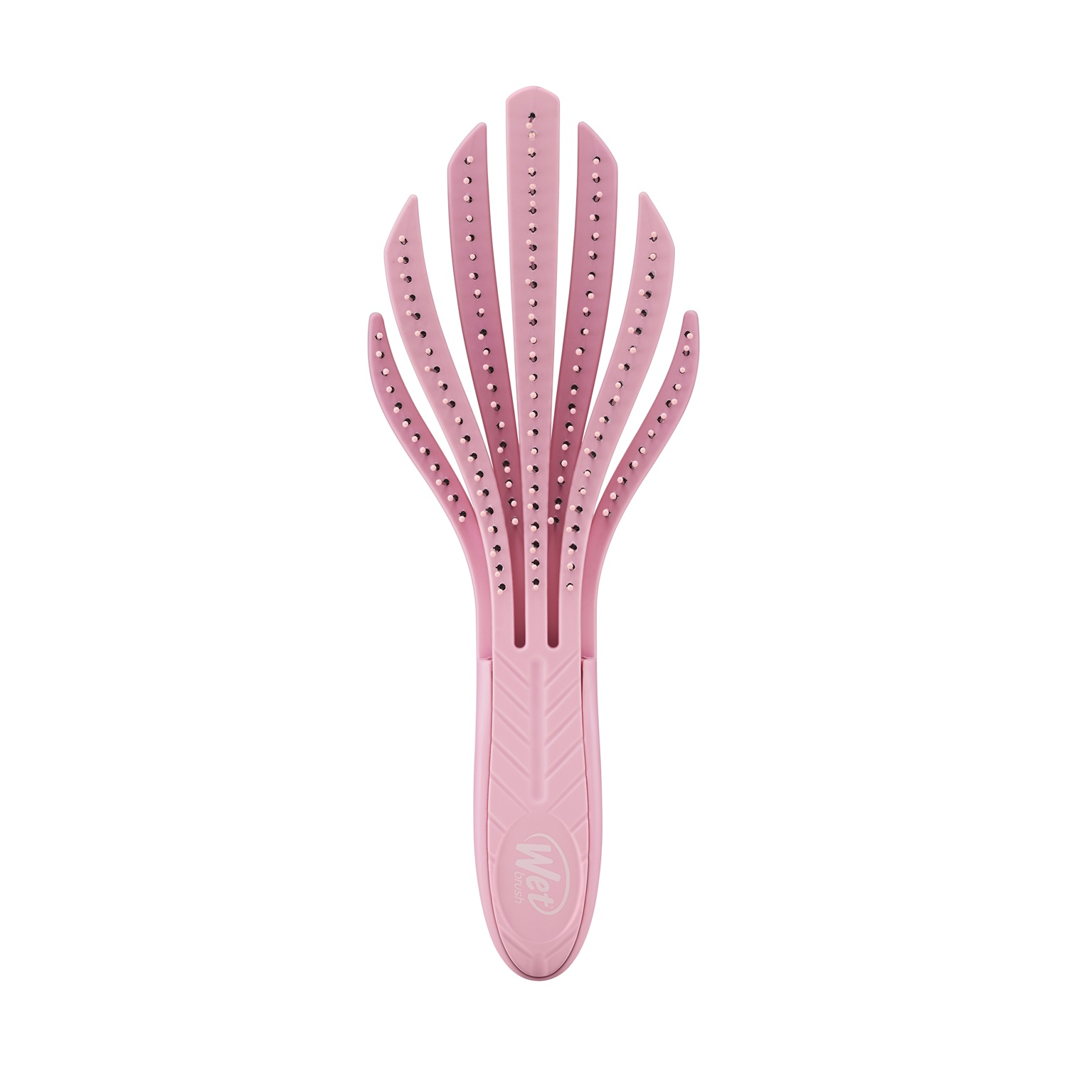 Un pettine spazzola per capelli rosa con setole flessibili e manico.