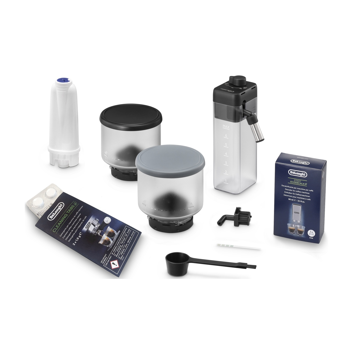 Accessori per macchina da caffè: filtro acqua, contenitori, pastiglie pulizia e decalcificante.