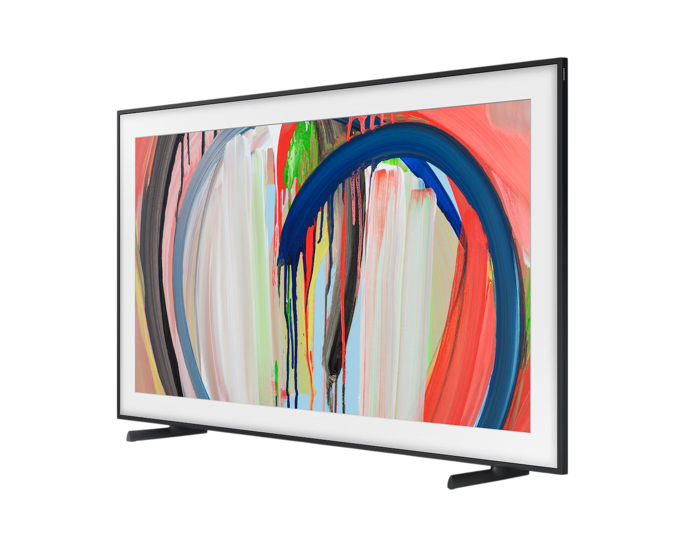 Modern bir TV, kırmızı, mavi ve beyaz fırça darbeleriyle soyut bir tablo sergiliyor.