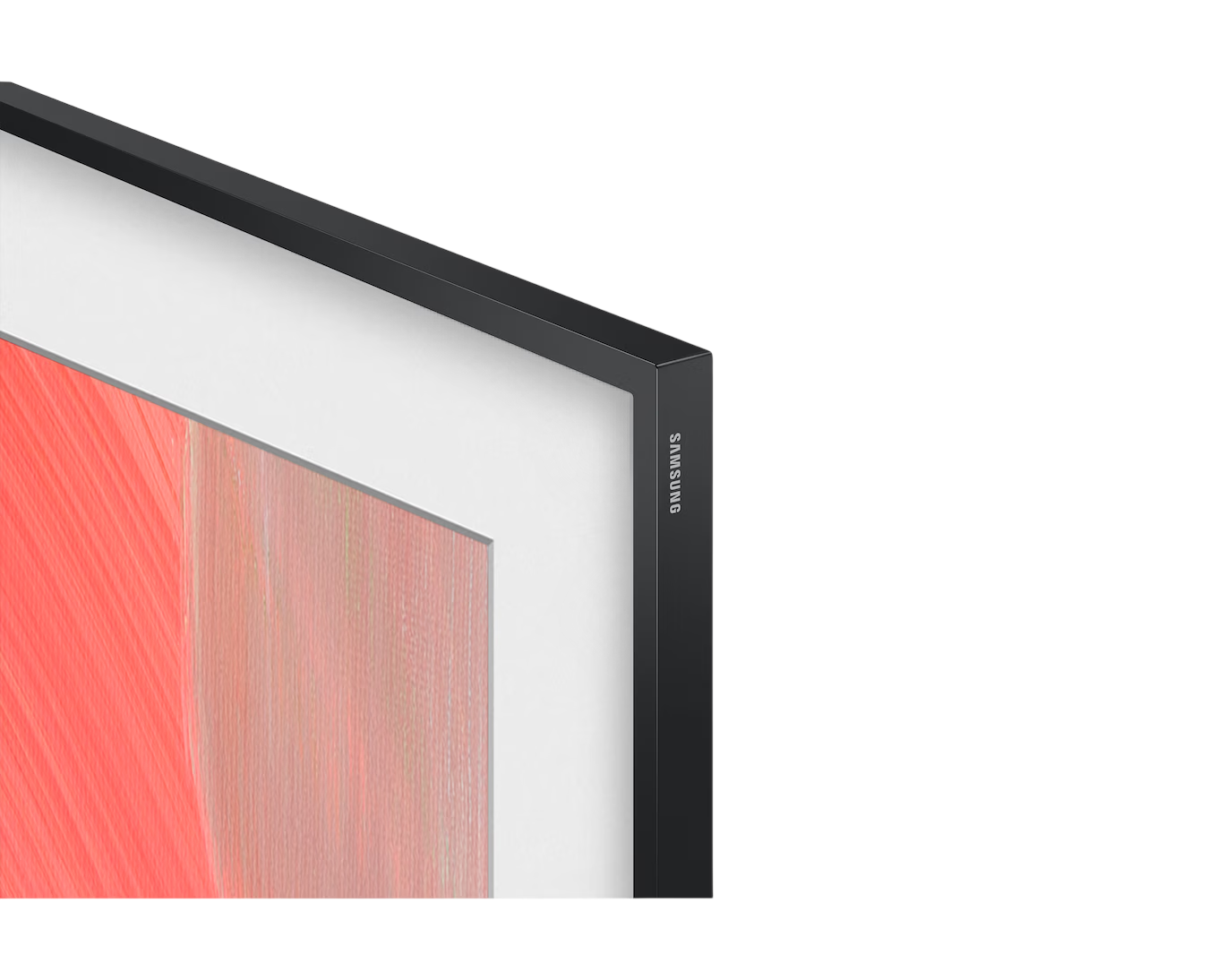 Ekranında kırmızı ve pembe tonlarında soyut sanat gösteren siyah bir Samsung TV çerçevesi.
