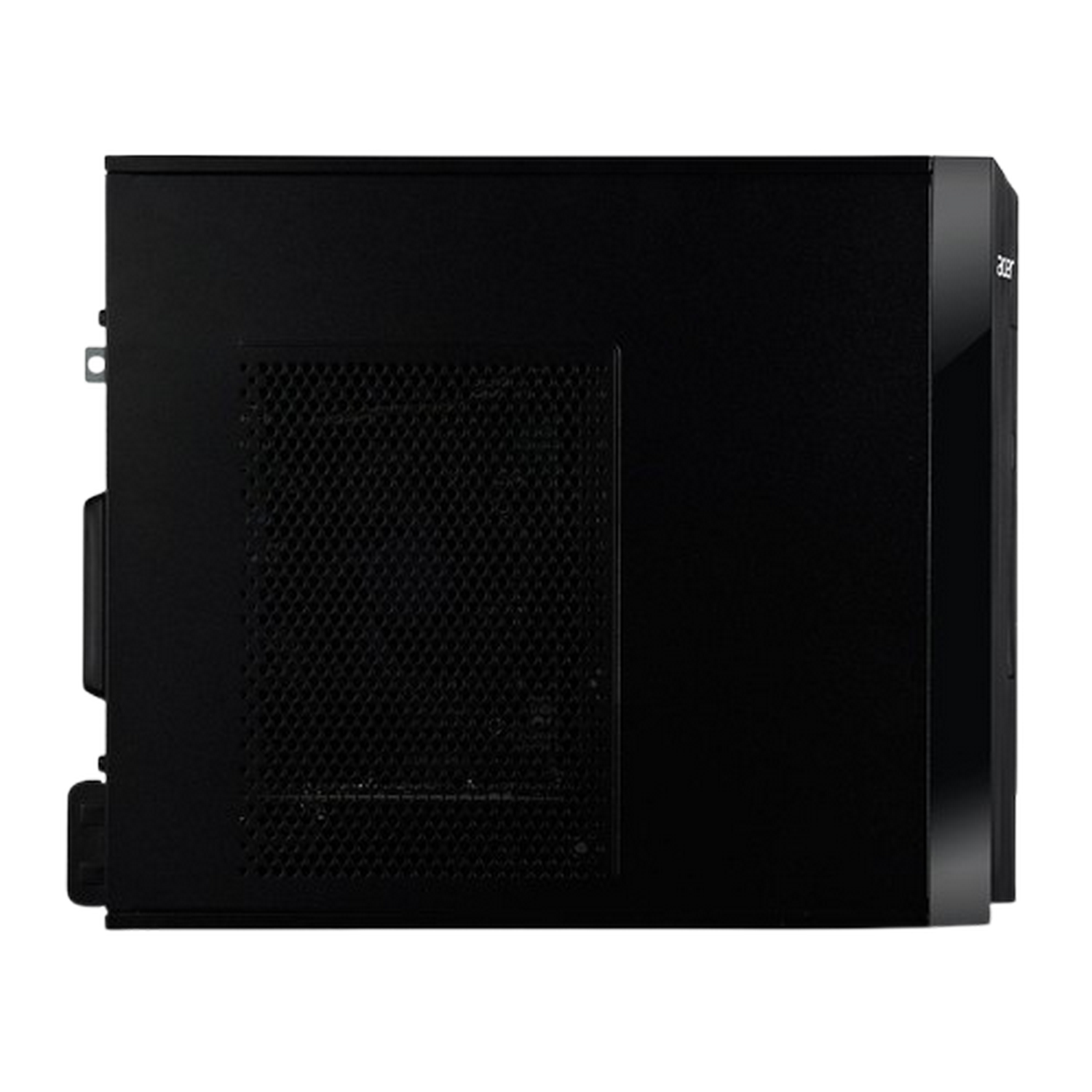 Caja de ordenador negra con ventilación de malla y franja plateada.