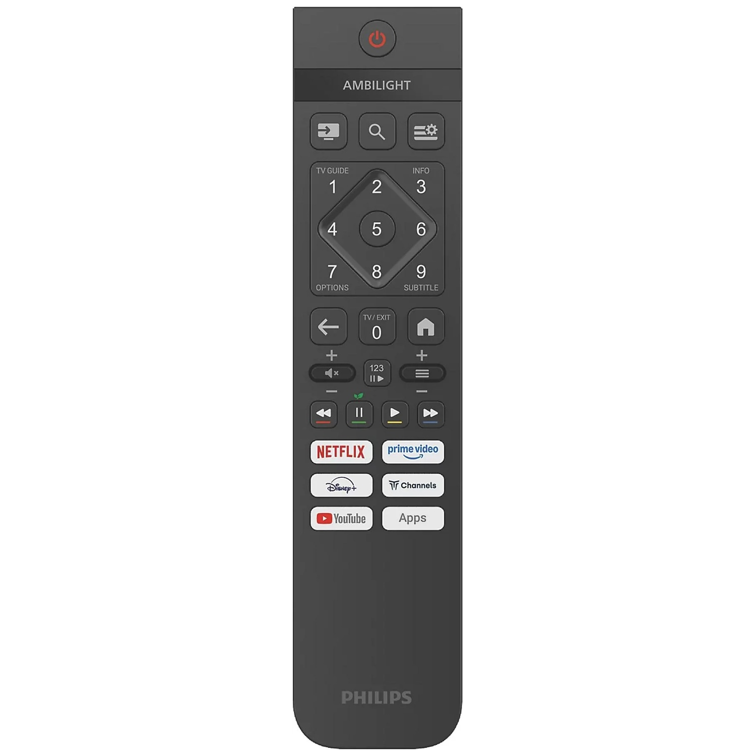 A dark remote control with Ambilight logo, number buttons and app buttons.