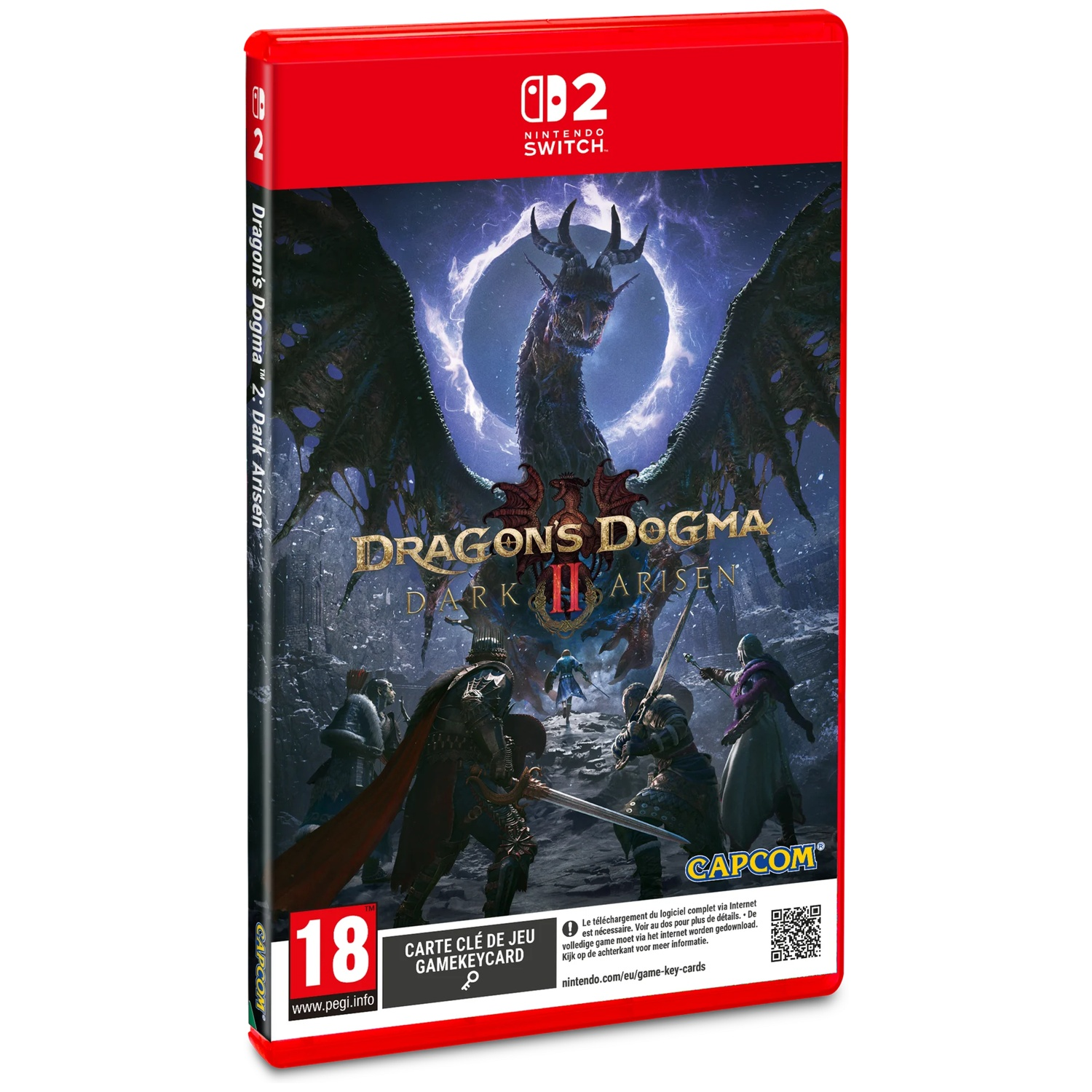Boîte de jeu Nintendo Switch avec dragon et chevaliers, titre: Dragon's Dogma 2