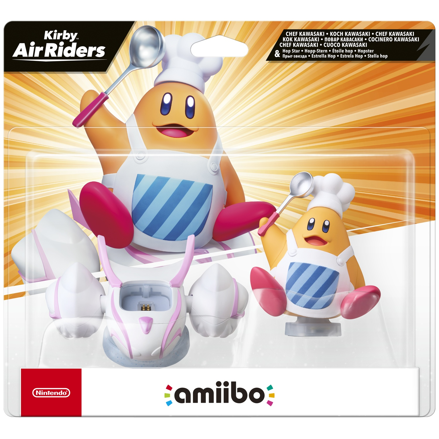 Kirby Amiibo figures in chef outfits holding spoons, in packaging.