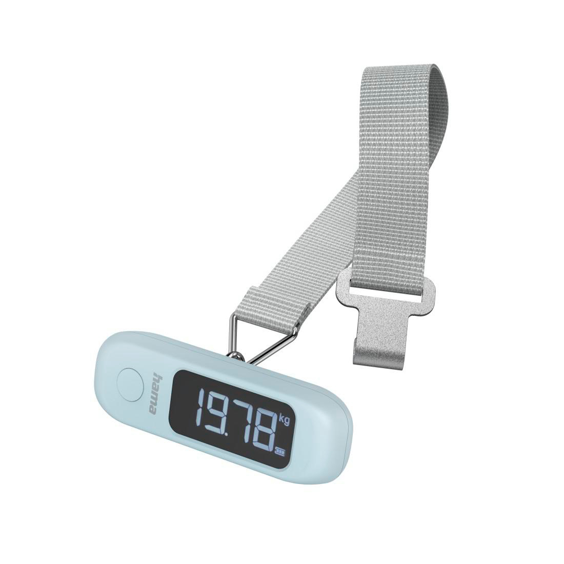 Eine hellblaue digitale Gepäckwaage mit einem grauen Gurt und Haken zeigt 19,78 kg an.