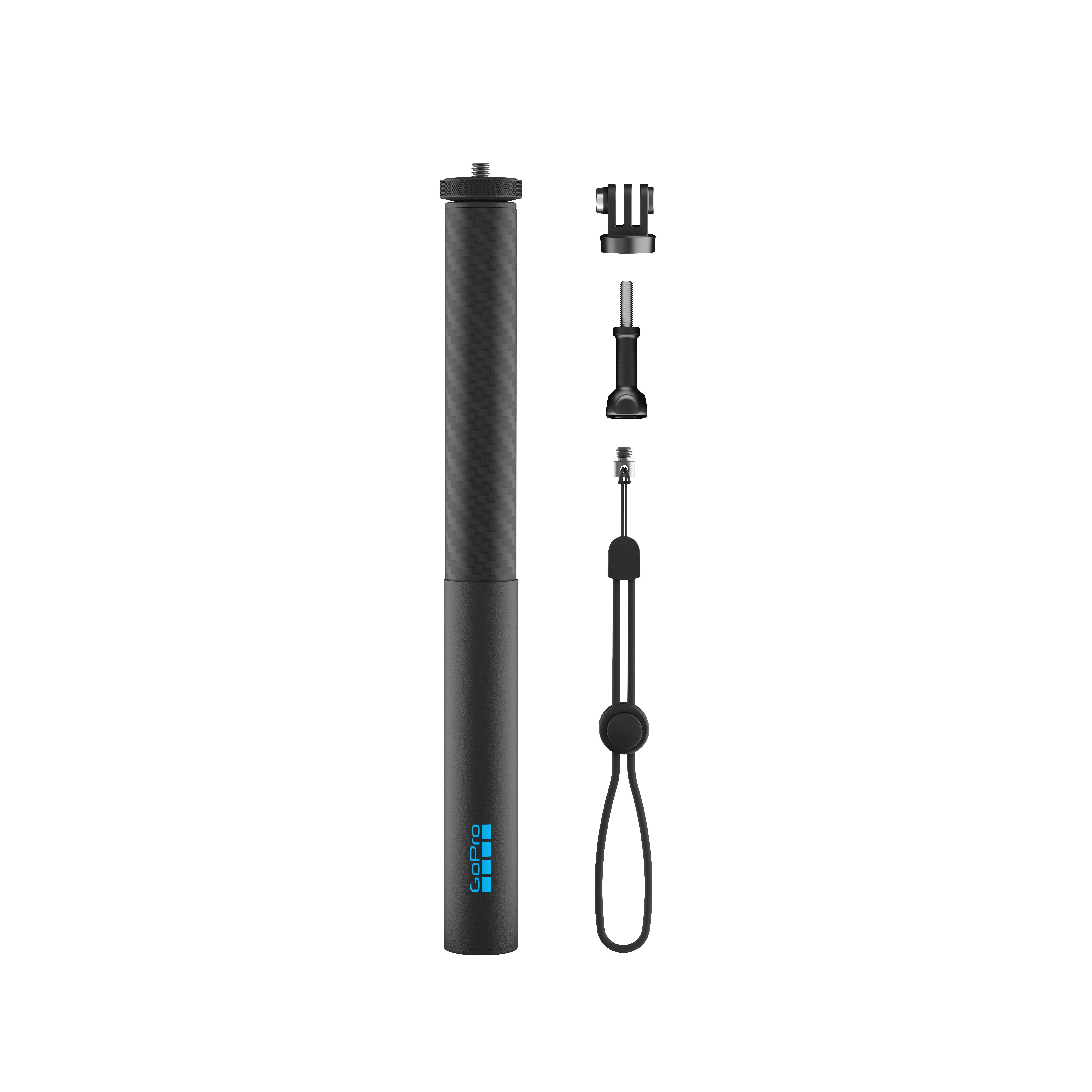 Ein schwarzer Selfie-Stick mit GoPro-Logo, Kappe und Riemen.