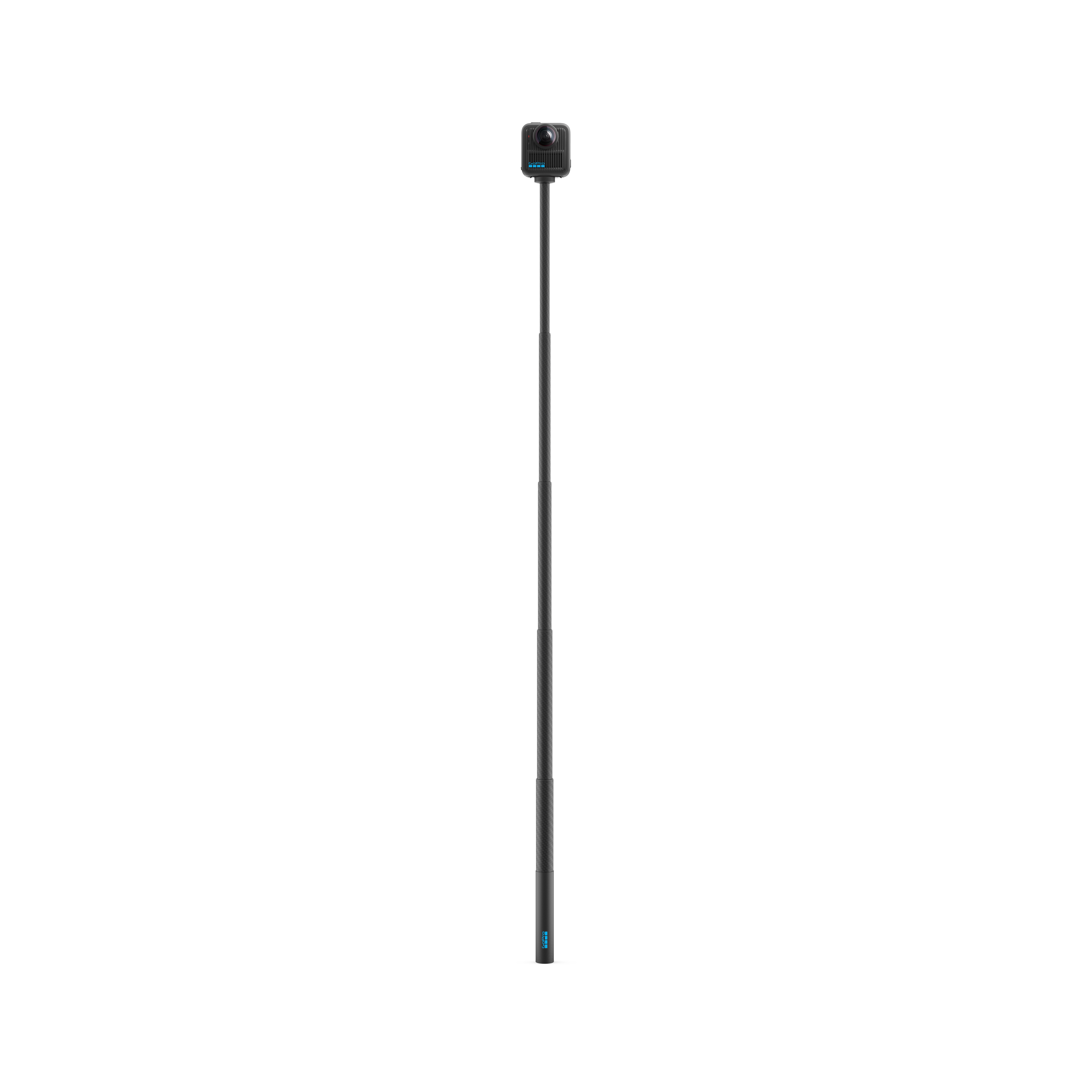 Schwarzer Selfie-Stick mit GoPro 360 Kamera auf weißem Hintergrund.