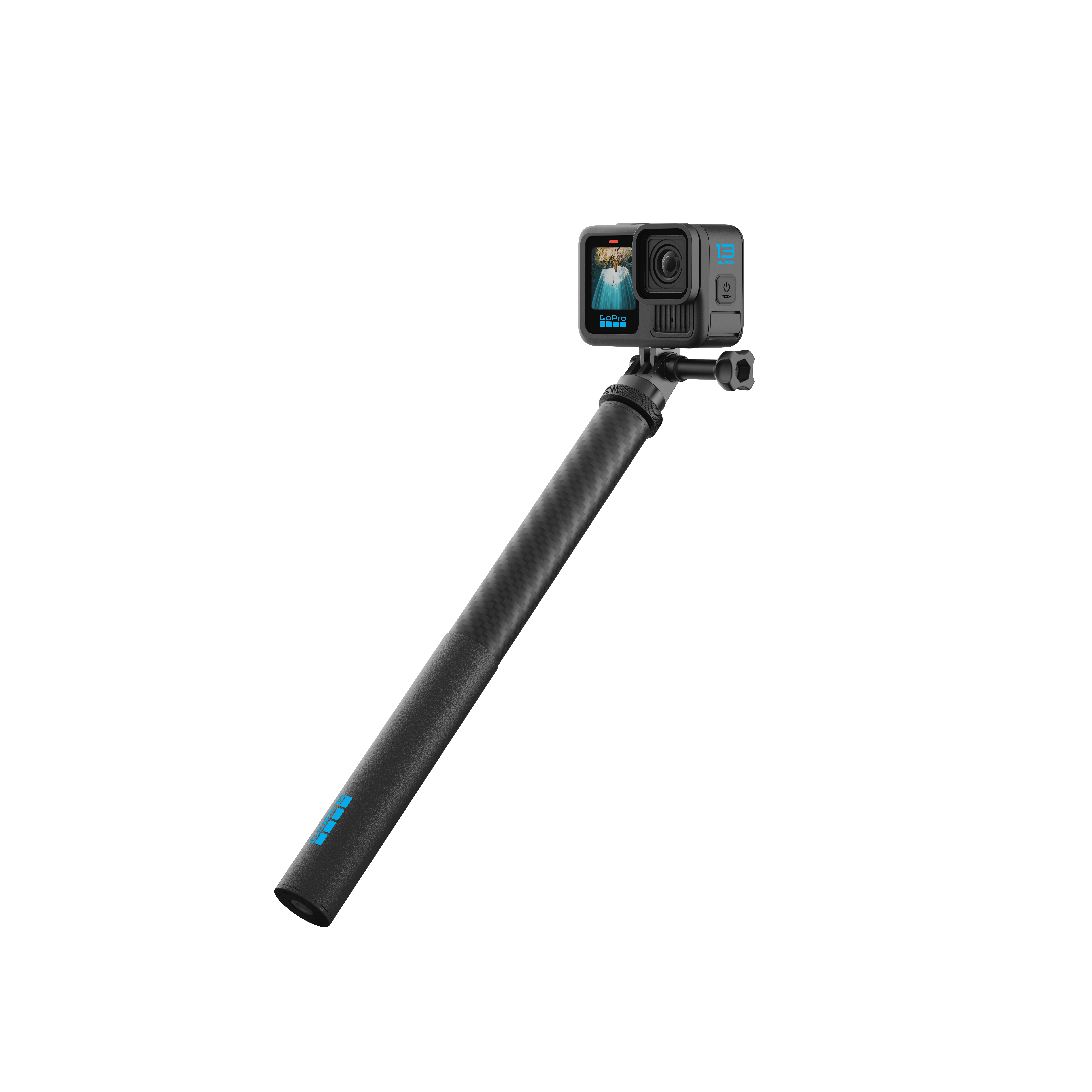 Eine schwarze GoPro-Kamera auf einem Kohlefaser-Selfie-Stick mit blauem Logo.