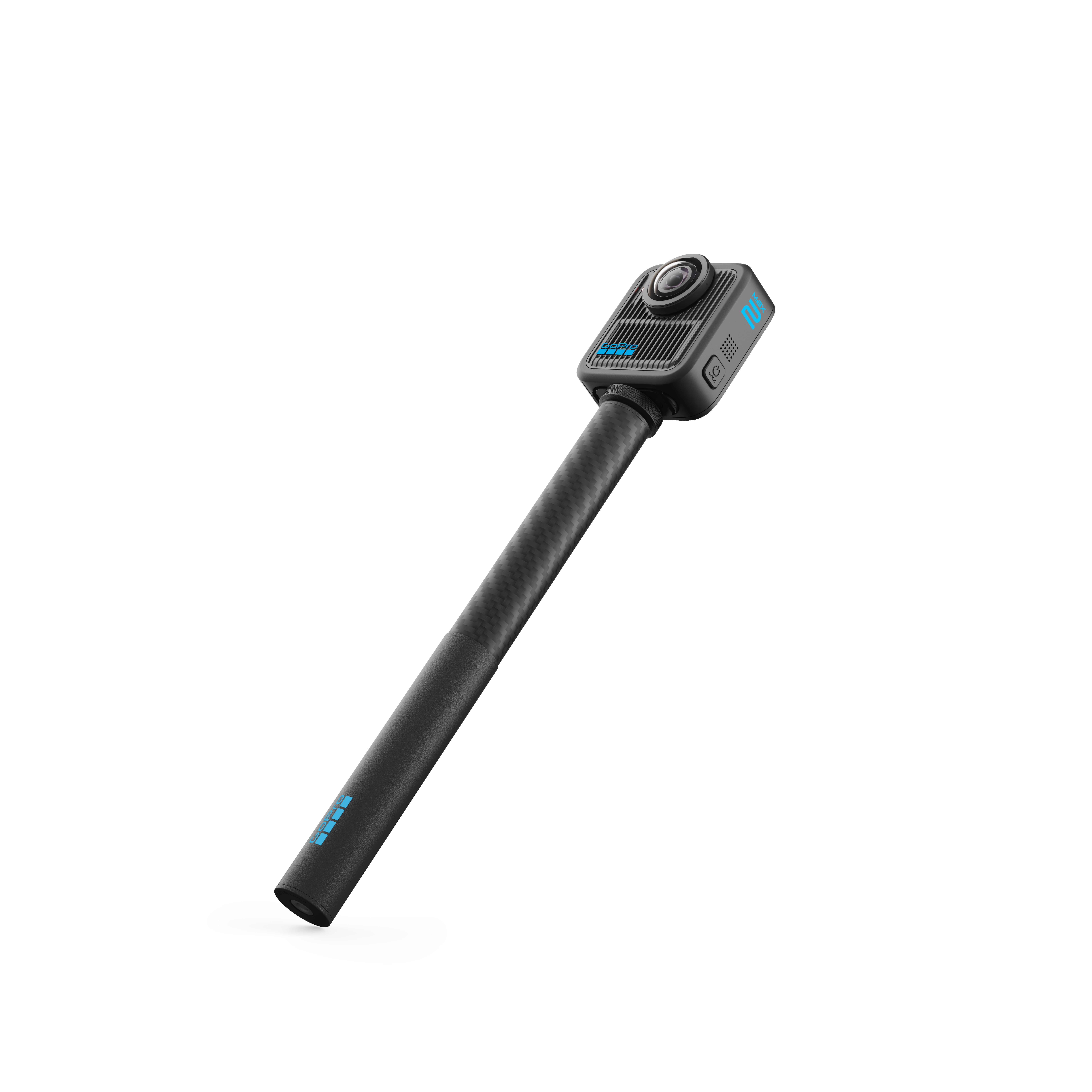Eine schwarze GoPro MAX 360 Kamera auf einem Carbon-Griff mit blauen Akzenten.