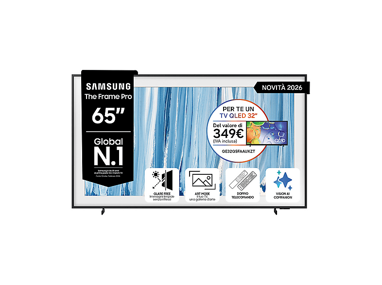 SAMSUNG The Frame Pro AI TV 65'' QE65LS03HWUXZT 4K, Processore NQ4 Gen3, 4K Upscaling, Art Mode, Glare Free, Neo Quantum HDR, Dolby Atmos & OTS, Modern Design, Vision Smart TV, 2026
