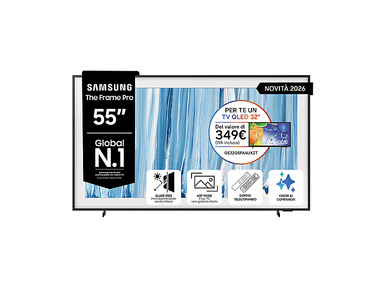 SAMSUNG The Frame Pro AI TV 55'' QE55LS03HWUXZT 4K, Processore NQ4 Gen3, 4K Upscaling, Art Mode, Glare Free, Neo Quantum HDR, Dolby Atmos & OTS, Modern Design, Vision Smart TV, 2026