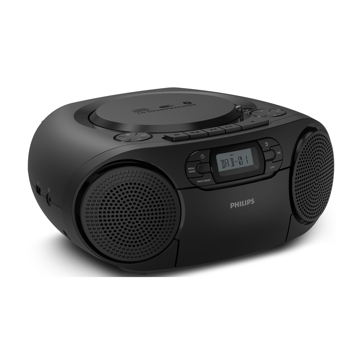 Radio CD Philips nera con radio DAB e altoparlanti.