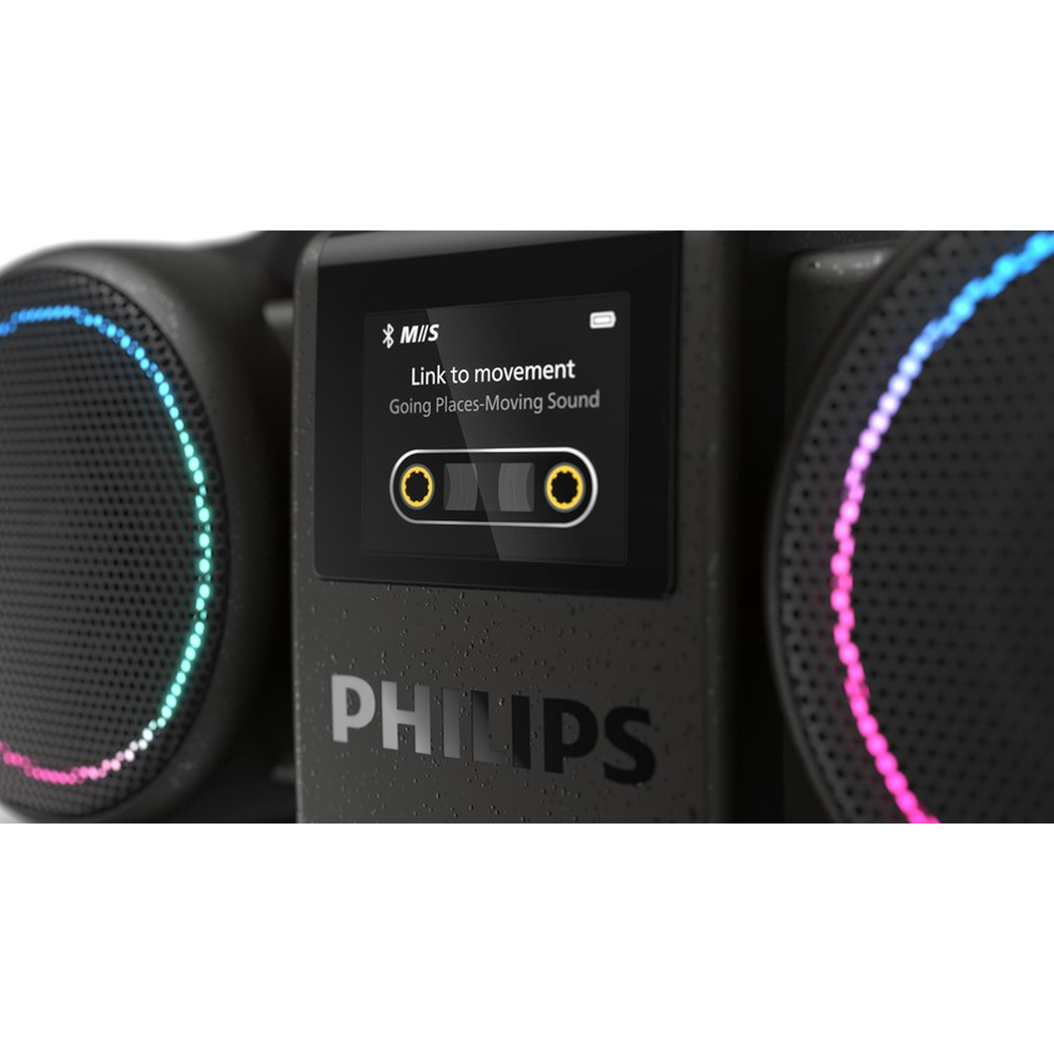 Altoparlante Philips nero con anelli illuminati e display.