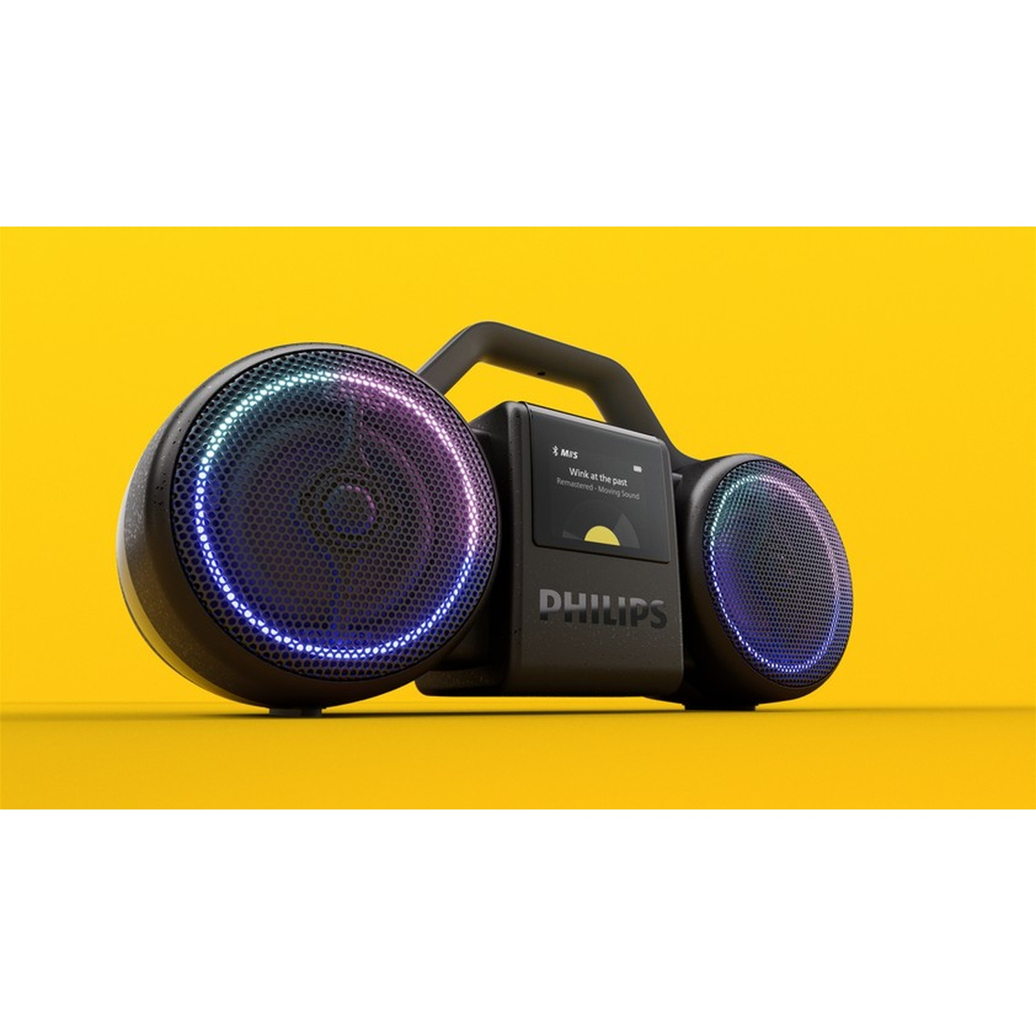 Boombox Philips nera con anelli LED colorati sugli altoparlanti, su sfondo giallo.