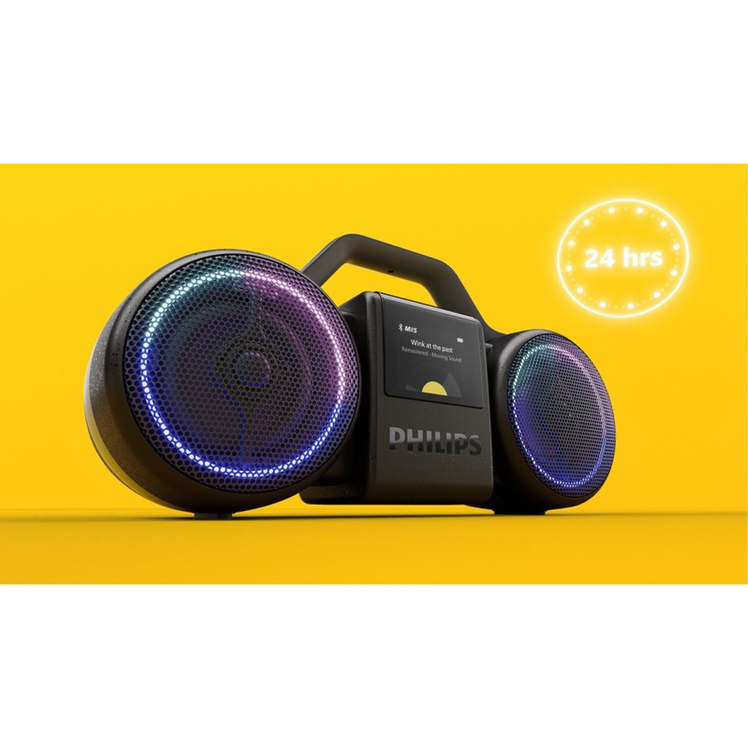Altoparlante Bluetooth Philips nero con luci colorate e 24 ore di autonomia.