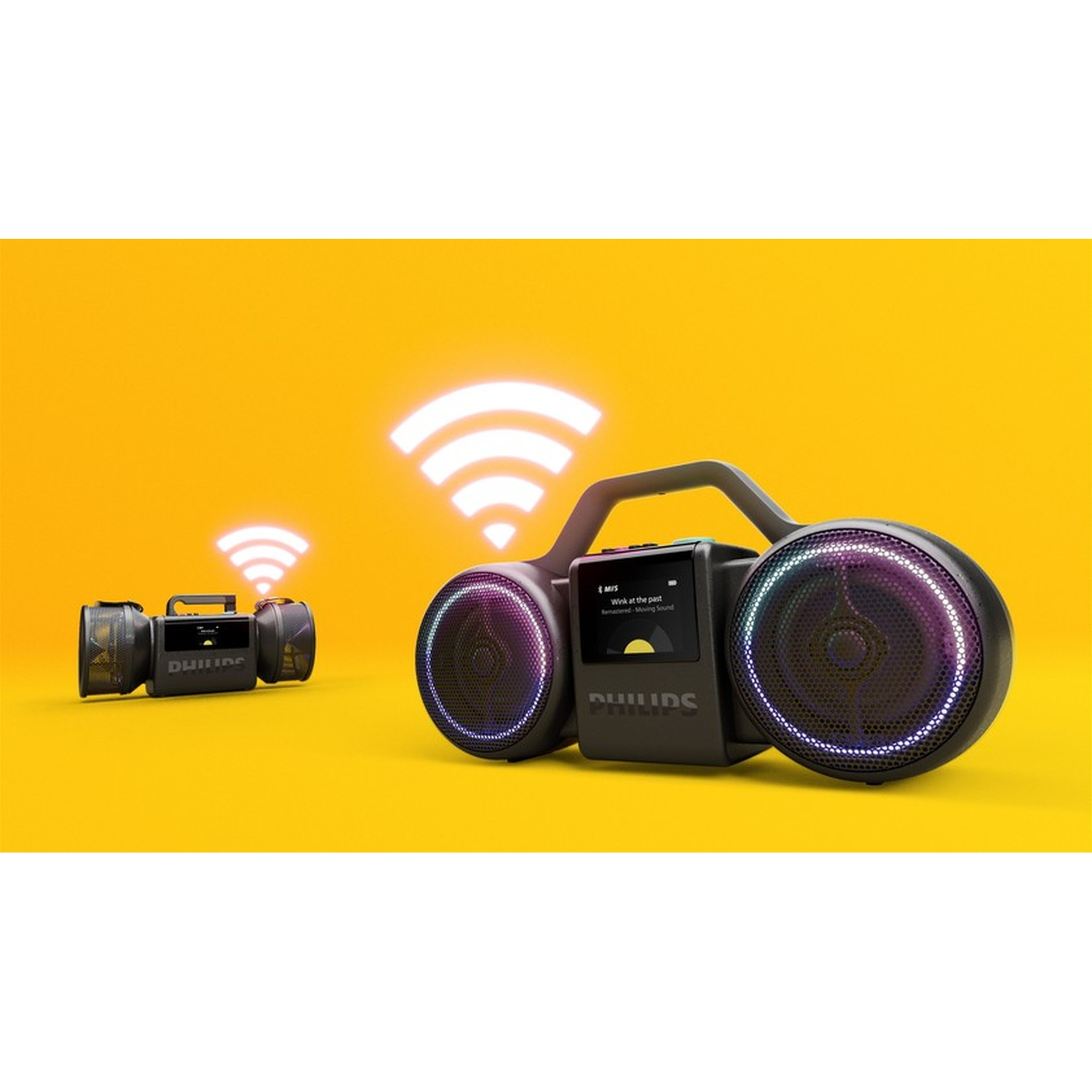 Due altoparlanti portatili Philips neri con luci colorate e icone Wi-Fi.