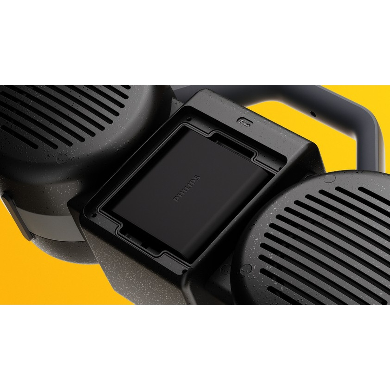 Tazza Philips nera con manico. Vista ravvicinata.