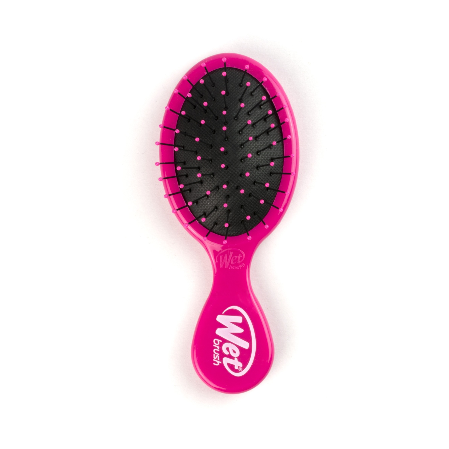 Una piccola spazzola per capelli ovale rosa con setole nere e punte rosa.