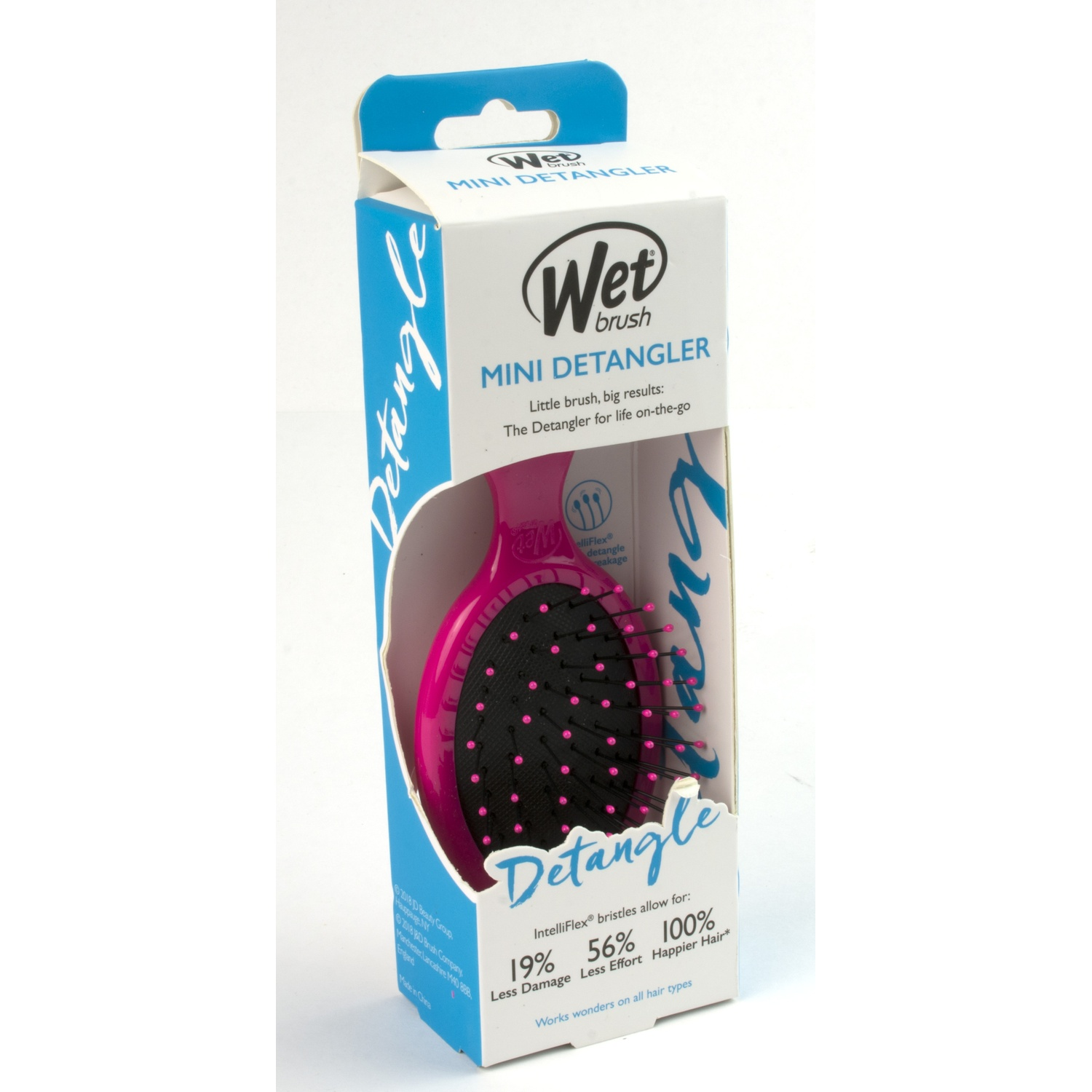 Confezione di una mini spazzola per capelli bagnati rosa con pad nero.