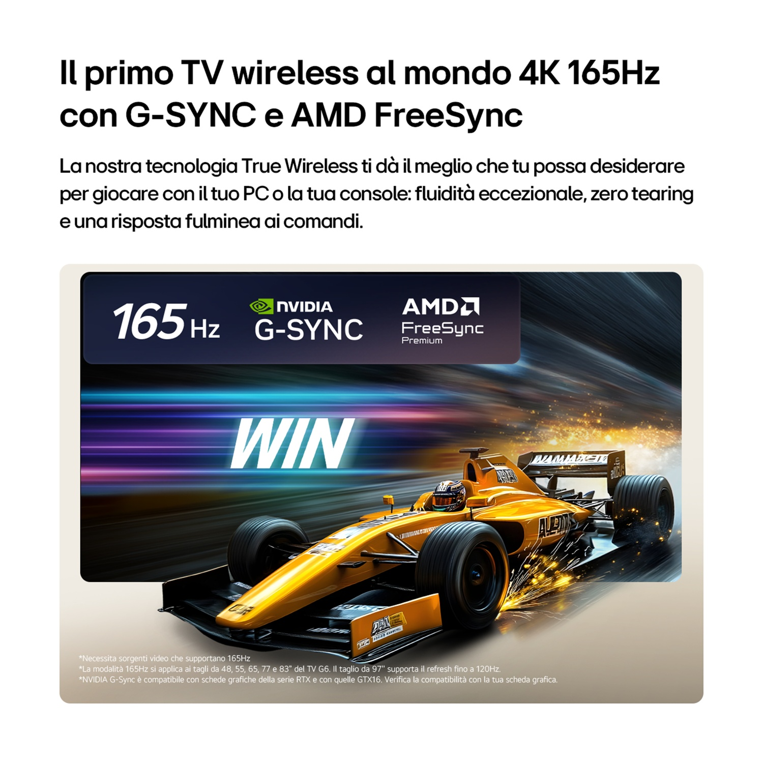 Auto da corsa gialla con scritta "WIN" su una pista con luci.