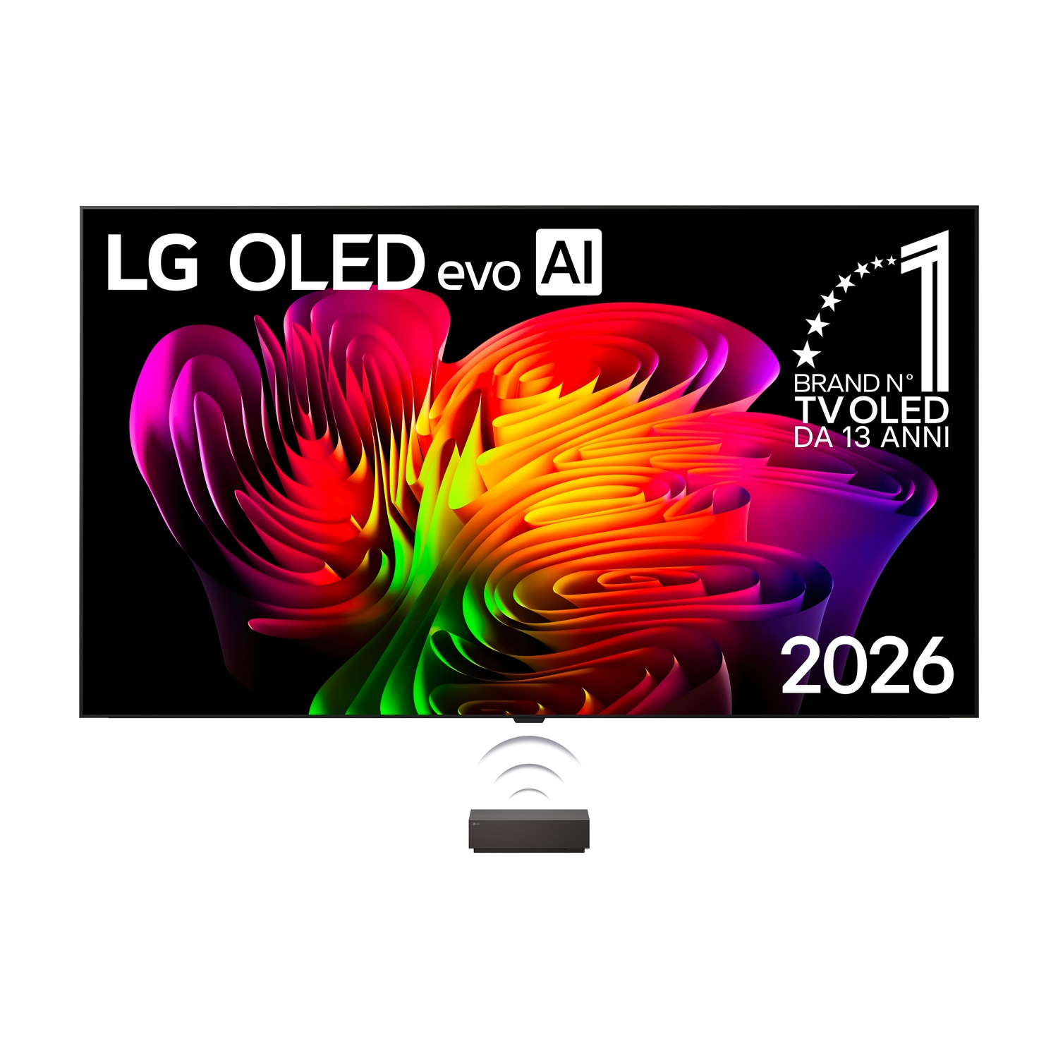 TV LG OLED evo AI con display colorato e testo "Brand N°1 TV OLED DA 13 ANNI".